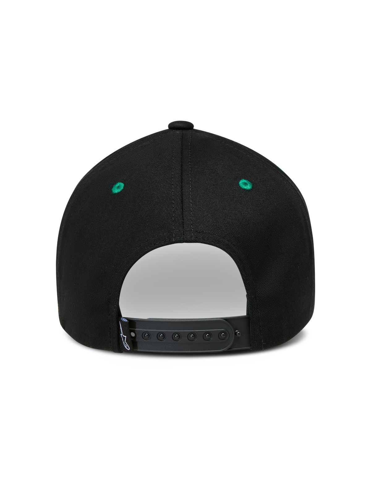 Alpinestars Retro Snapback hoed, sportswear baseballpet, zwart en groen, verstelbare snapback-sluiting, achteraanzicht.