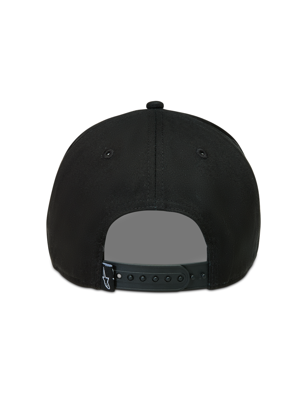 Alpinestars Acme snapback hoed, zwarte sportswear pet, achteraanzicht met verstelbare snapback-sluiting en klein logo-etiket.