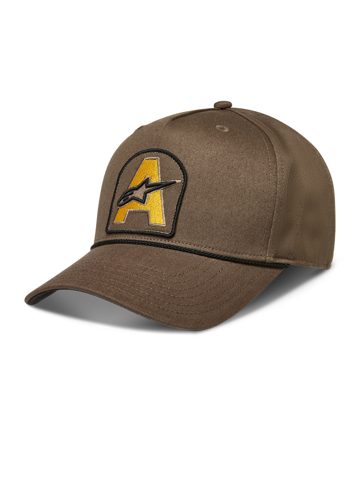 Alpinestars Acme snapback hoed, bruine sportswear pet met gebogen klep, geel Astars-logopatch en zwarte koordafwerking.