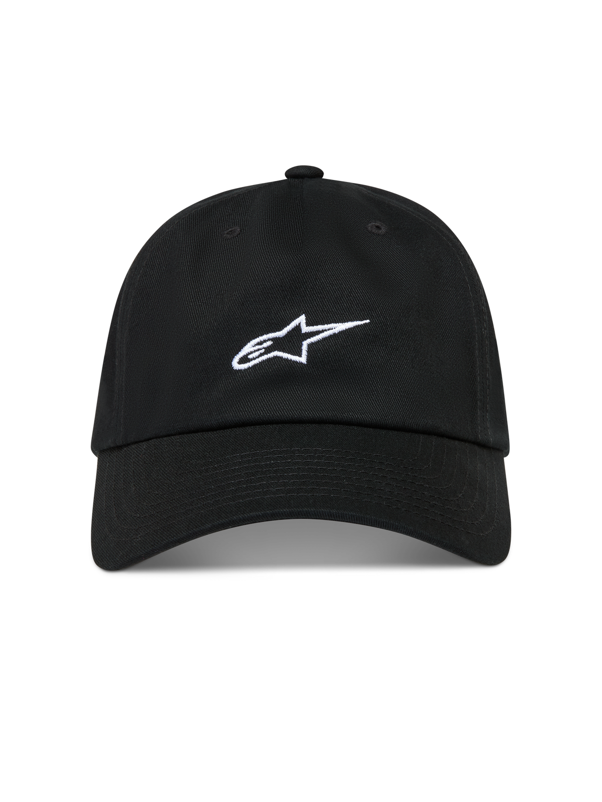 Alpinestars Dylan Dad hoed, zwarte pet met wit Astars-logo, gebogen klep, ongestructureerde lage kroon, katoenkeperstof.