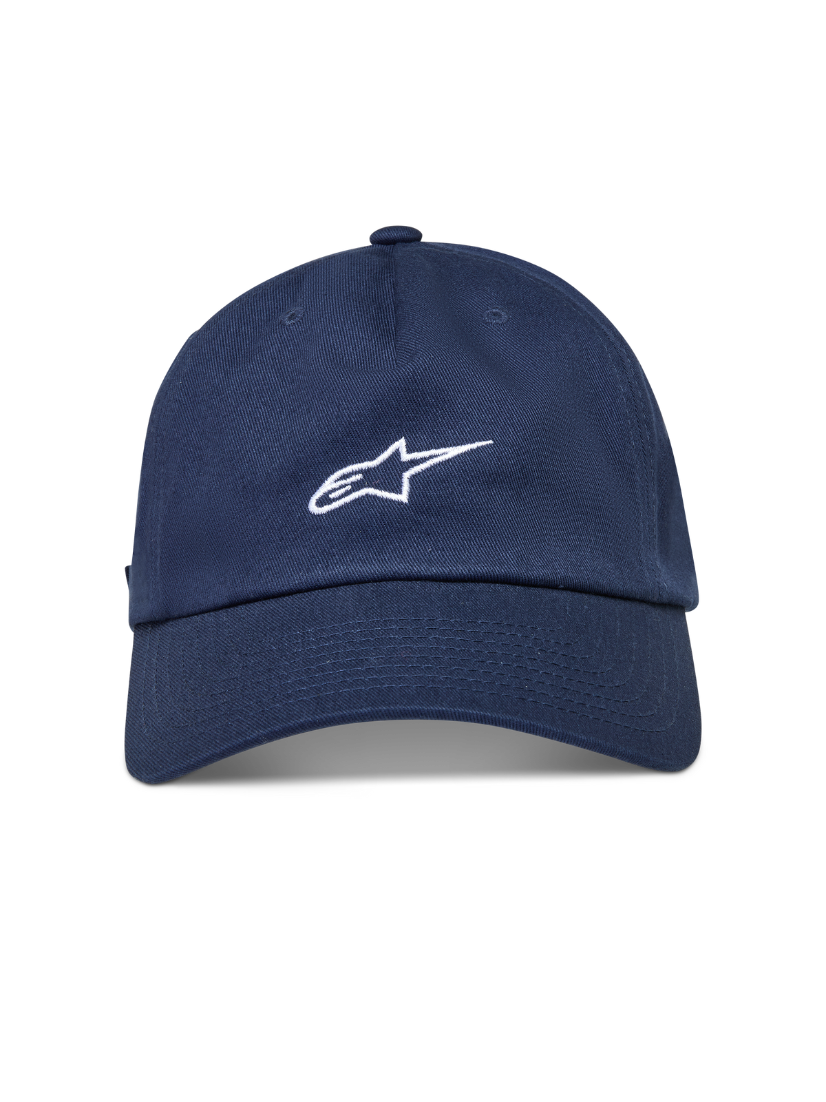 Alpinestars Dylan Dad hoed, blauwe sportswear pet met gebogen klep, ongestructureerde kroon en wit geborduurd logo.