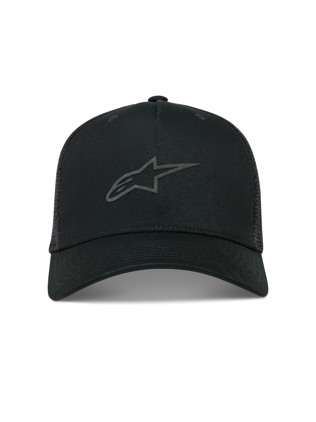 Alpinestars Augment Trucker hoed, zwarte mesh pet met gebogen klep en gestructureerd puffprint Astars-logo.