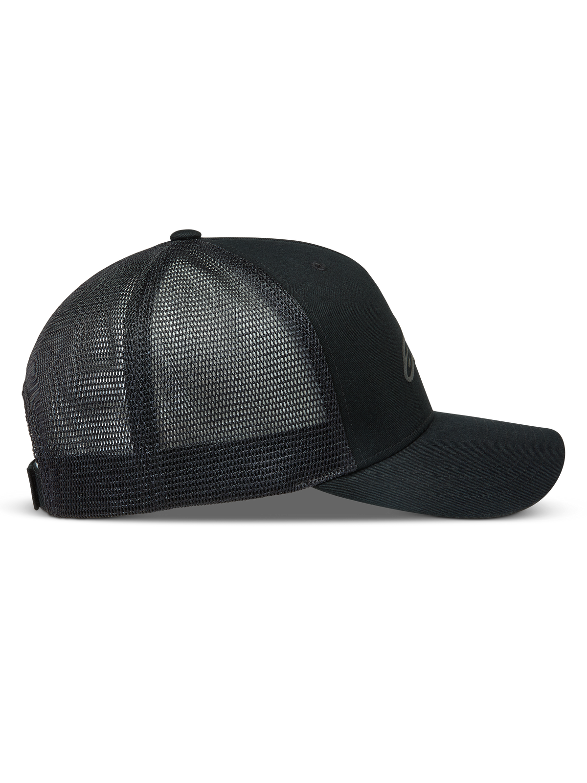 Alpinestars Augment Trucker Hat, Black Sportswear Cap with curved bill, structured crown, twill front, and diamond mesh back.