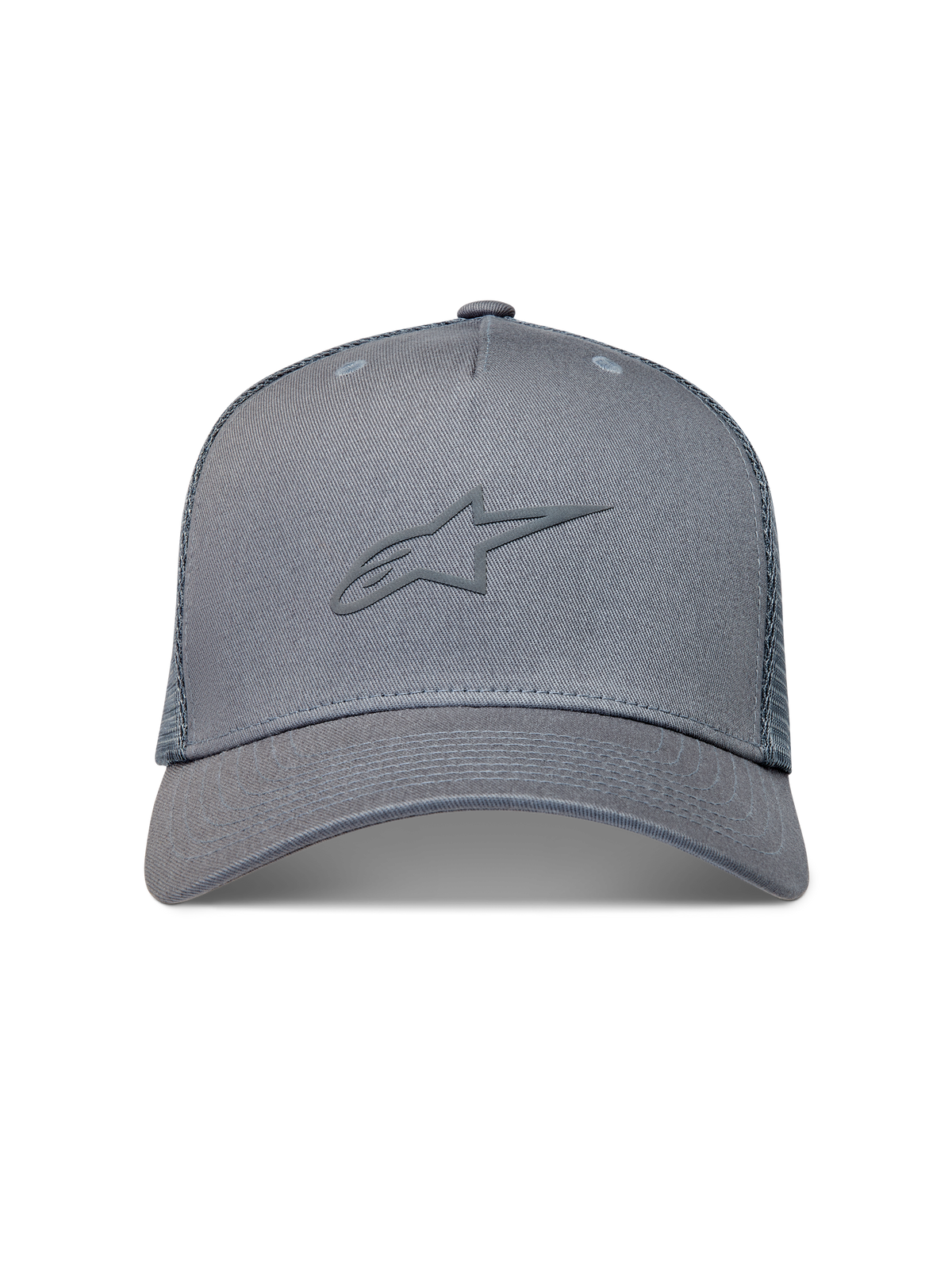 Alpinestars Augment Trucker hoed, grijze sportpet met getextureerd puffprint logo, gebogen klep en mesh achterzijde.