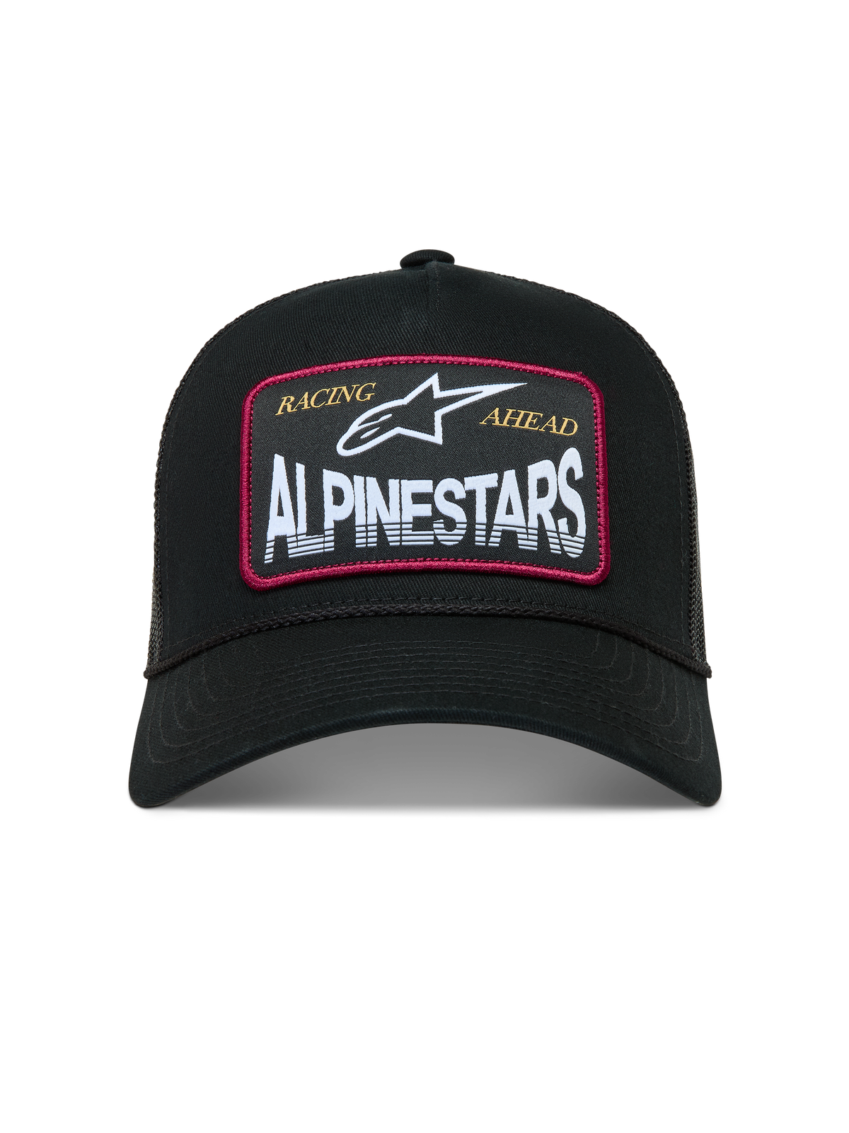 Alpinestars Hemmings Trucker pet, zwarte pet met witte geweven logopatch en rode accenten, ademende mesh achterzijde.