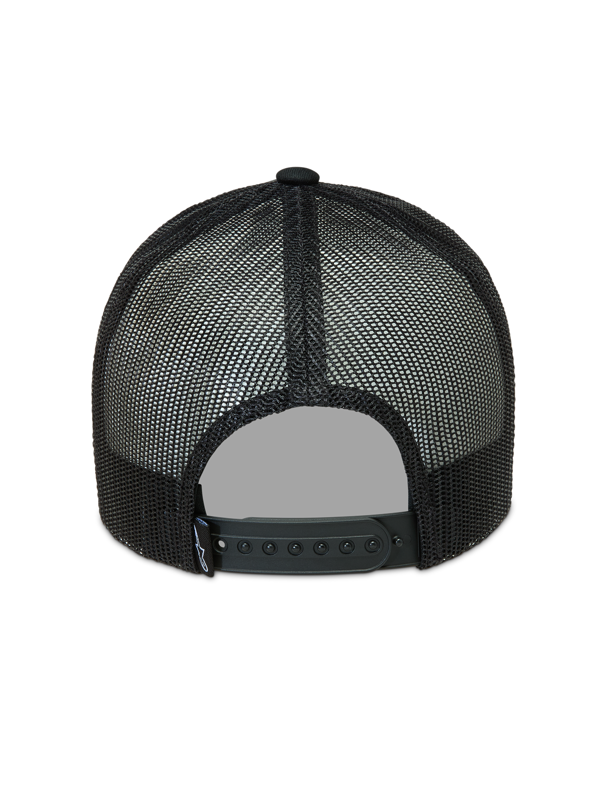 Alpinestars Hemmings Trucker hoed, zwarte trucker pet met ademende mesh panelen en een verstelbare snapback-sluiting, achteraanzicht.