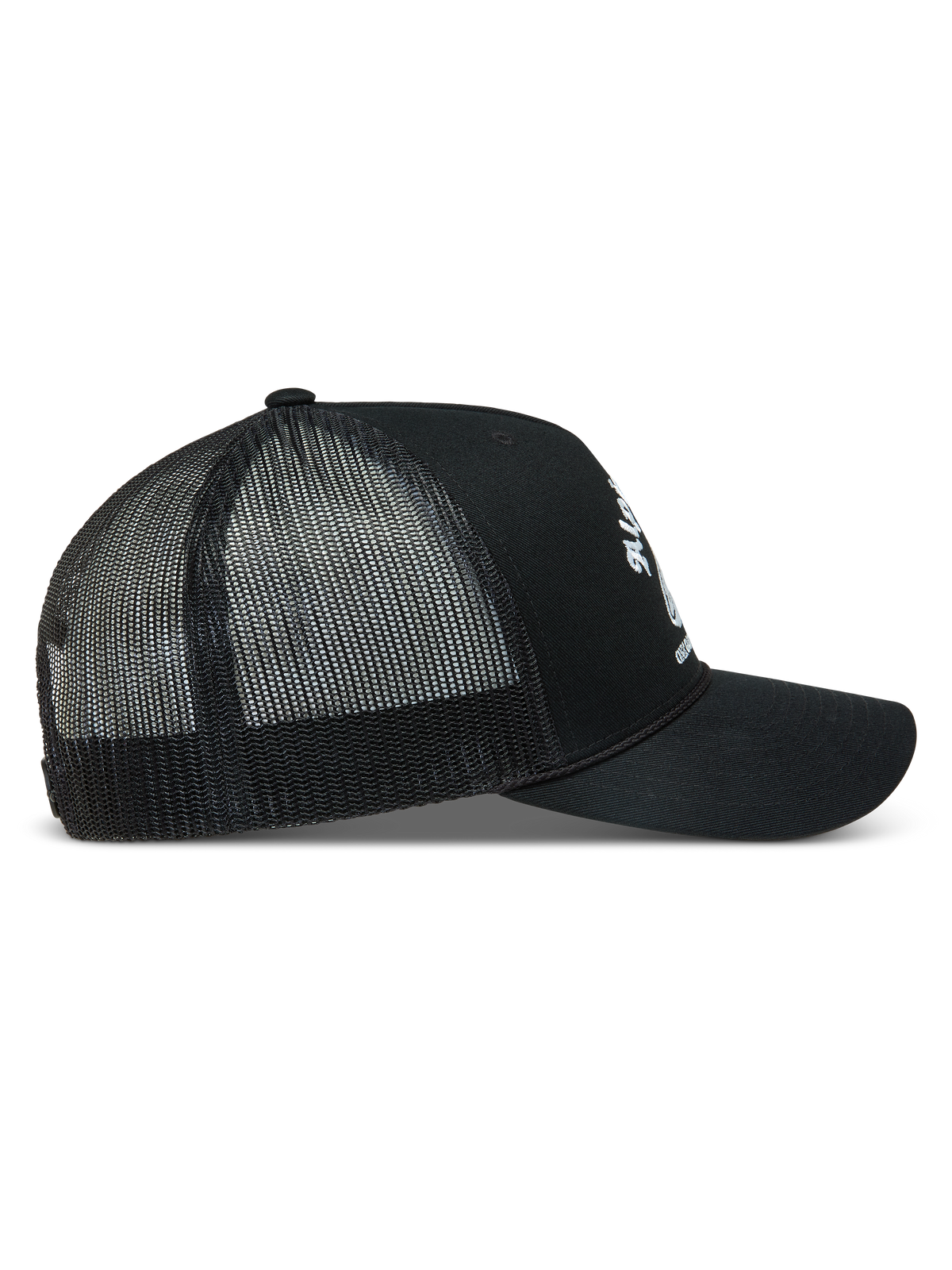Alpinestars Baron Trucker Hat, Black Sportswear Snapback Cap, side view with white logo, curved bill, and poly mesh back.