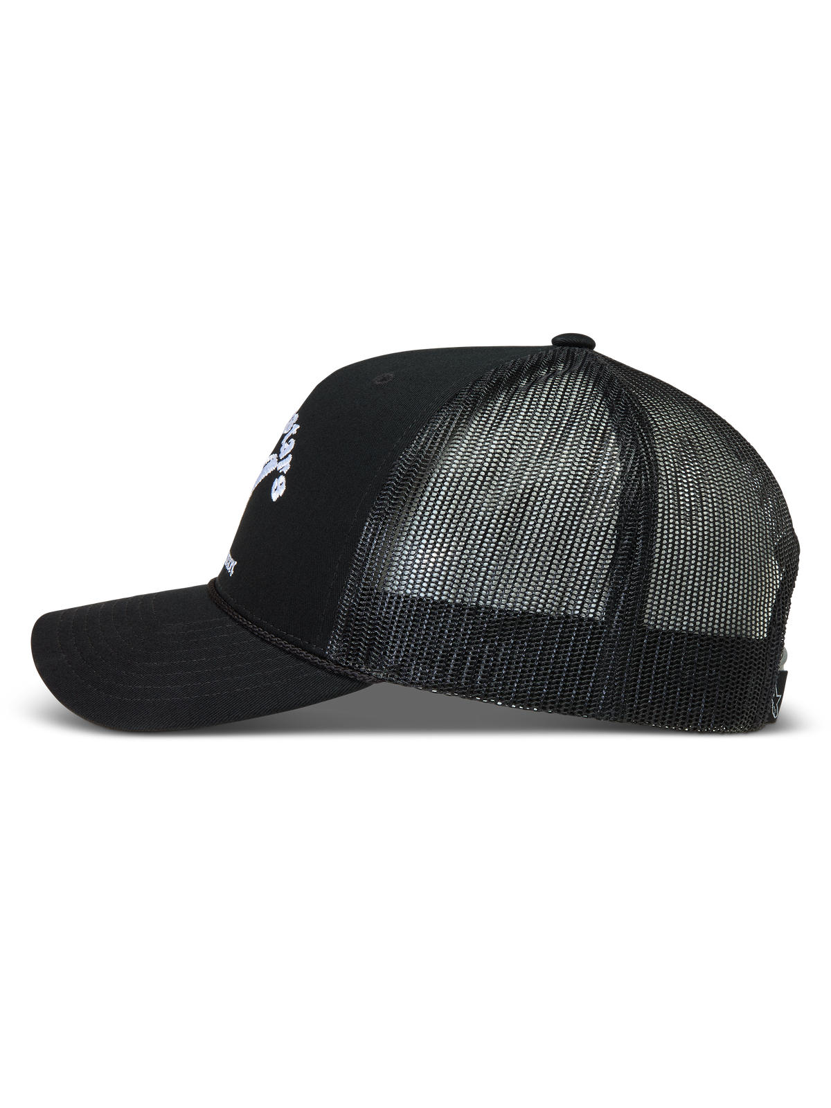 Alpinestars Baron Trucker Hat, Black Sportswear Cap with breathable mesh back, curved bill, and structured twill front crown.