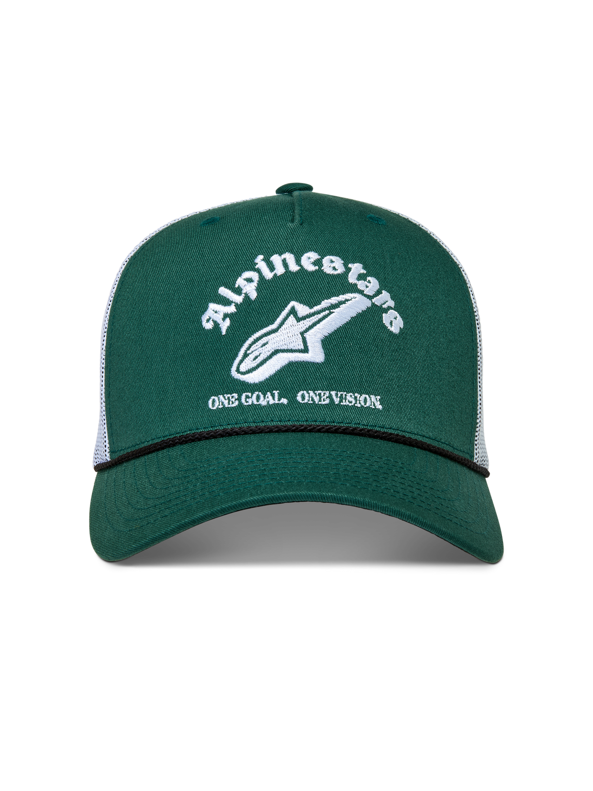 Alpinestars Baron Trucker pet, groene en witte sportswear pet met gebogen klep en gestructureerde kroon.