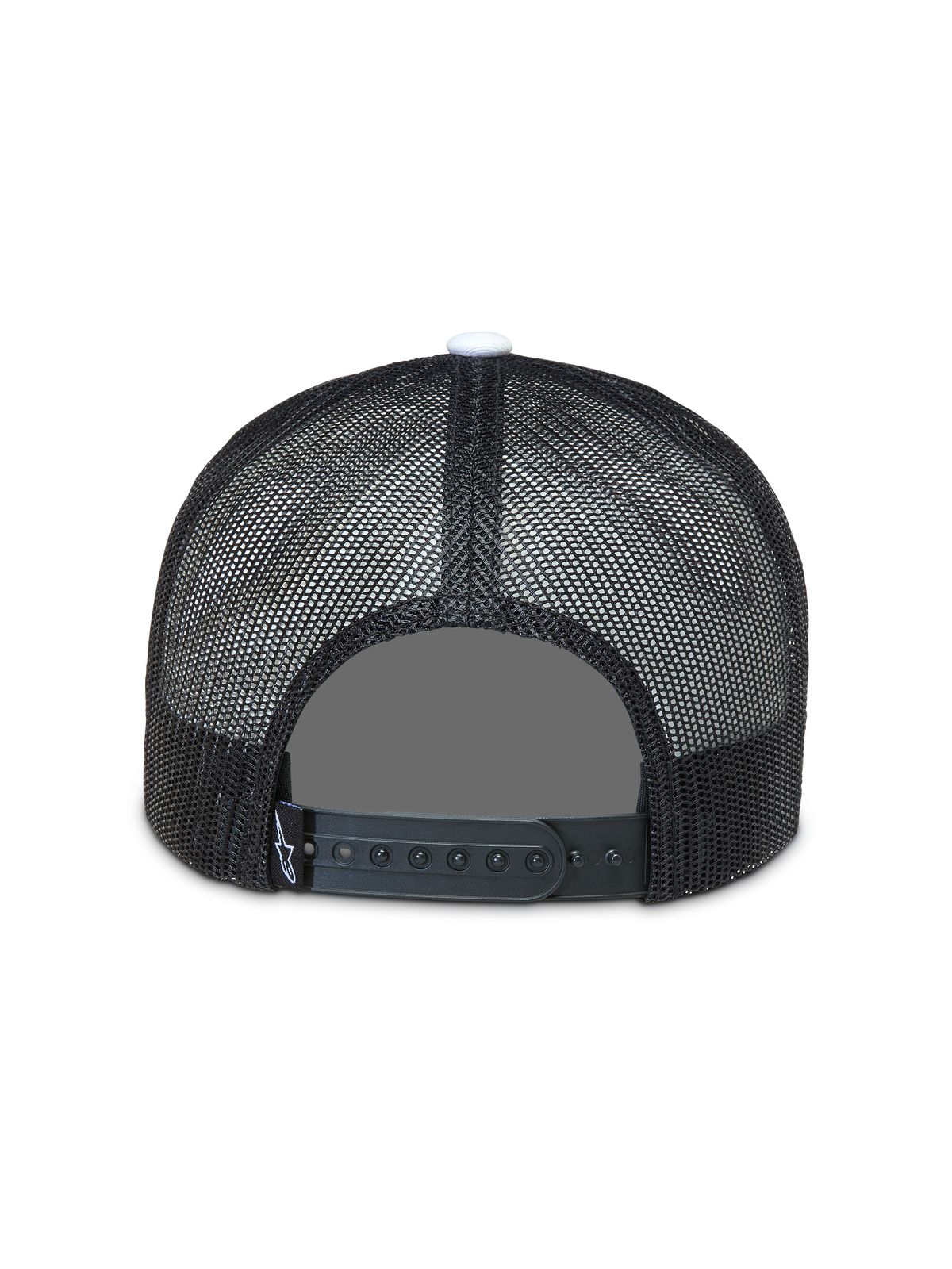 Alpinestars Gravel Trucker hoed, zwarte pet met ademende mesh achterzijde en verstelbare snapback-sluiting.