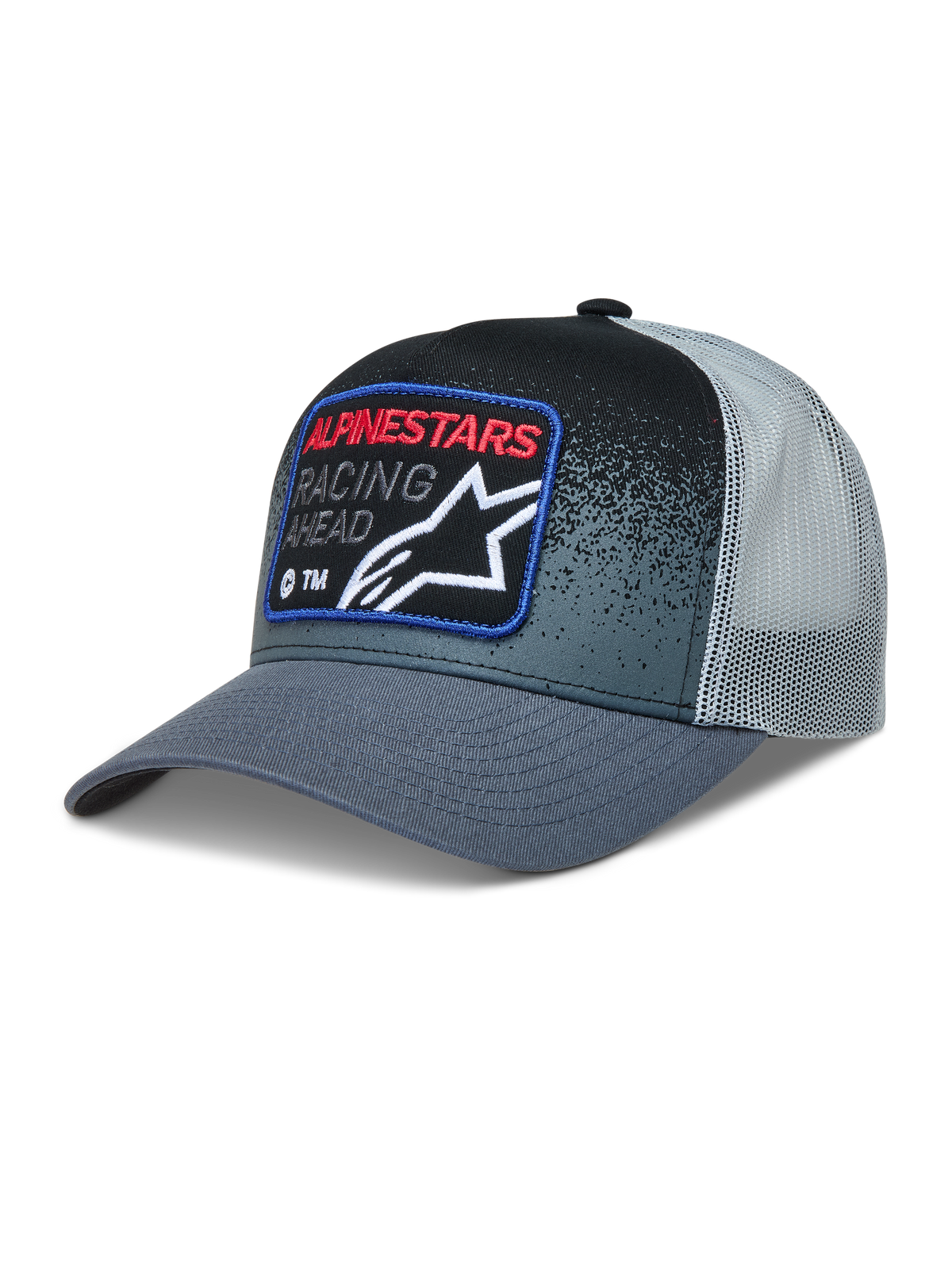 Alpinestars Gravel Trucker hoed, donkergrijze en zwarte truckerpet met mesh achterzijde, gebogen klep en geweven race-patch.