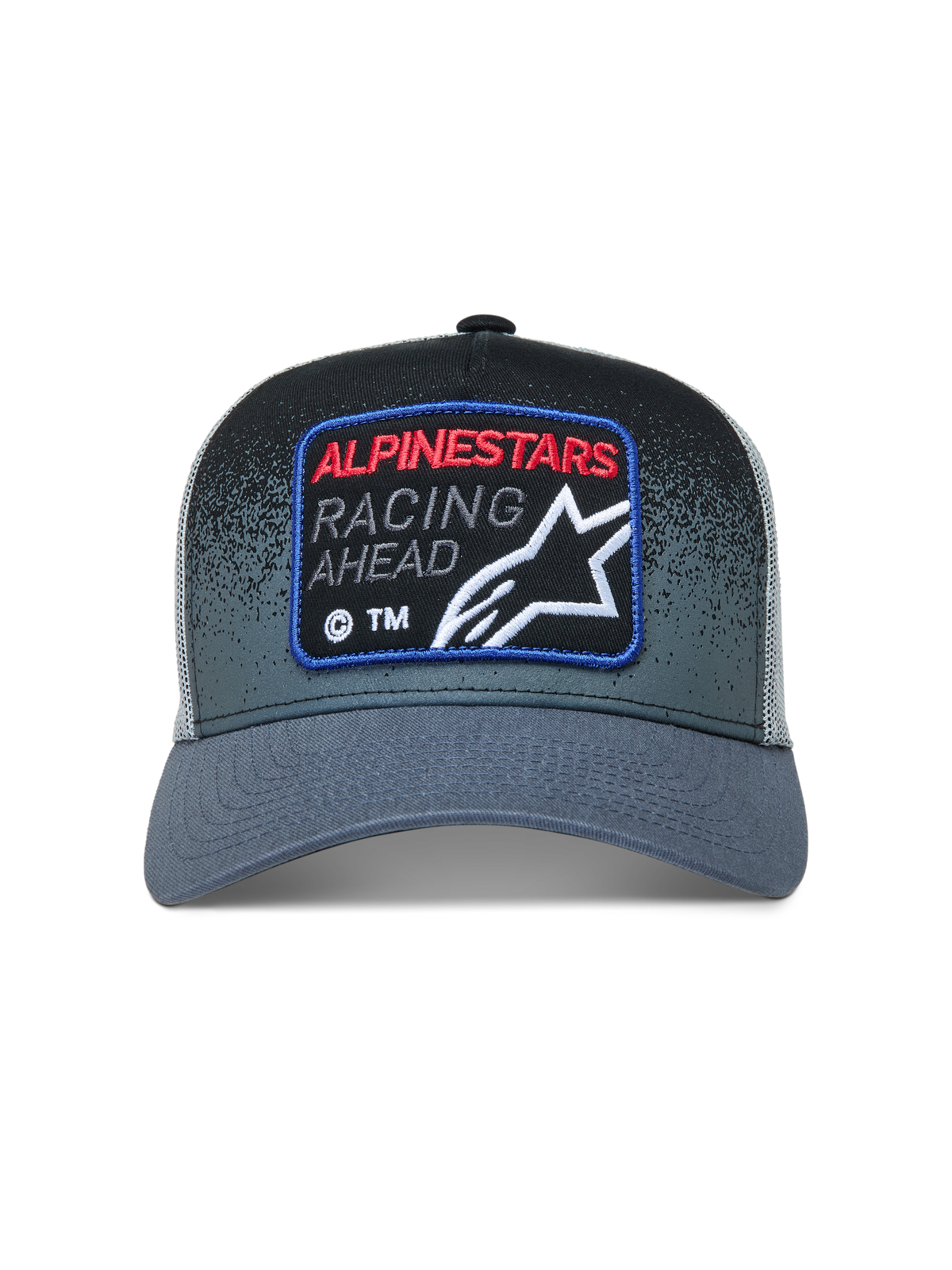 Alpinestars Gravel Trucker pet, donkergrijze en zwarte sportswear pet met mesh achterzijde en geweven logo-patch.