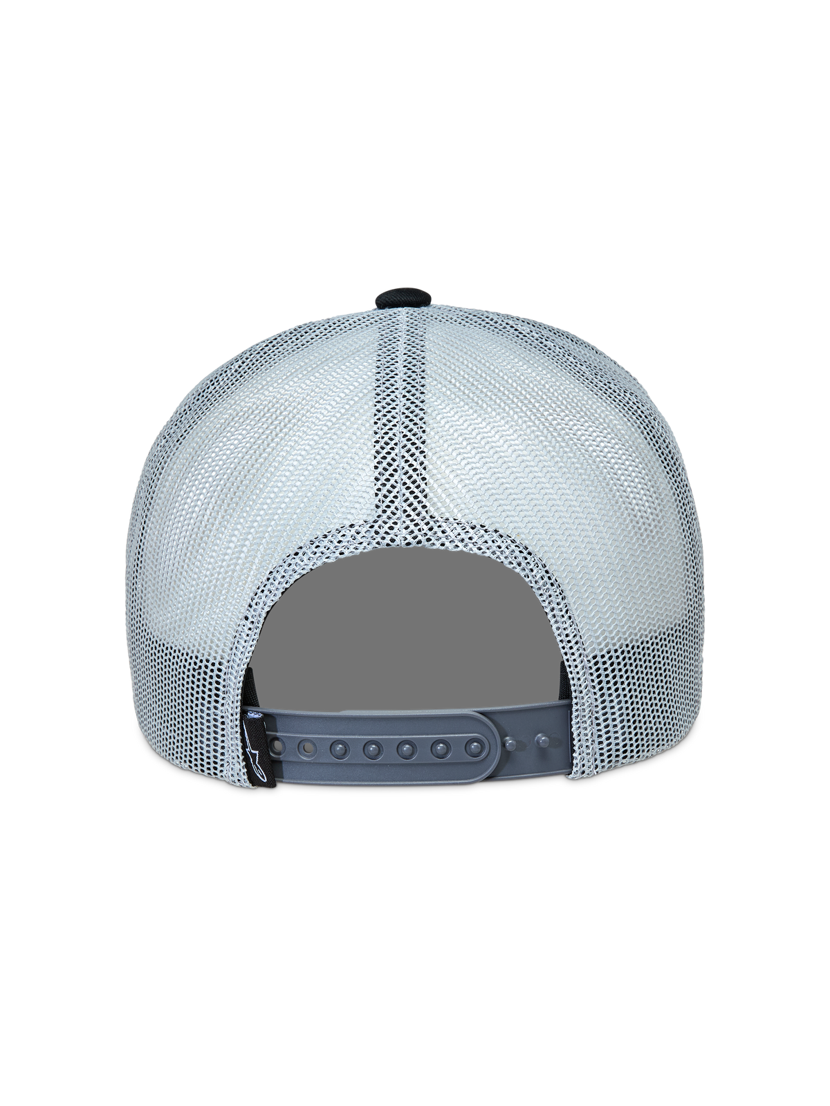 Alpinestars Gravel Trucker pet, grijze en zwarte sportswear cap, achteraanzicht met ademend mesh en snapback-sluiting.