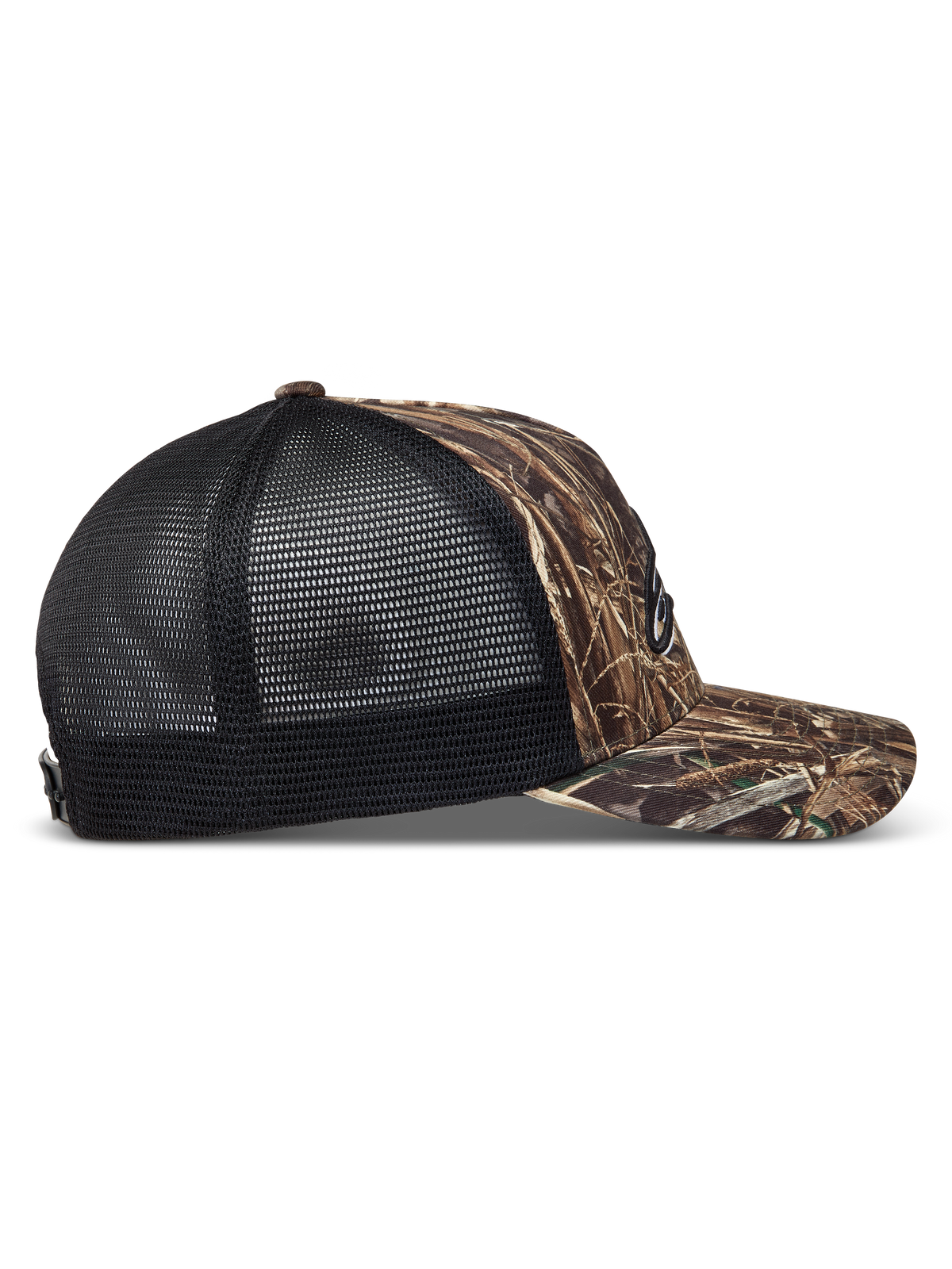 Alpinestars Thicket Realtree Trucker pet, camo en zwart, zijaanzicht met gebogen klep en ademende mesh achterkant.