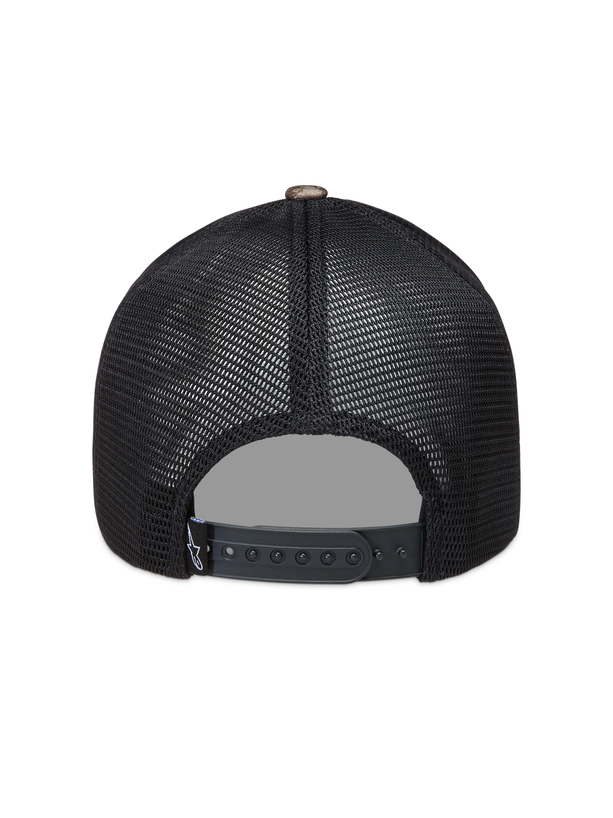 Alpinestars Thicket Realtree Trucker pet, zwarte mesh pet met verstelbare snapback-sluiting, achteraanzicht.