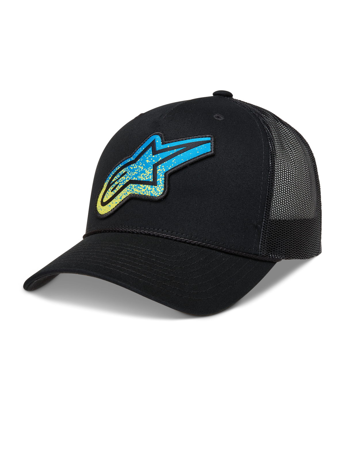 Alpinestars Meteorite Trucker pet, zwarte pet met blauw en geel Astars-logo met grindtextuur en mesh achterzijde.