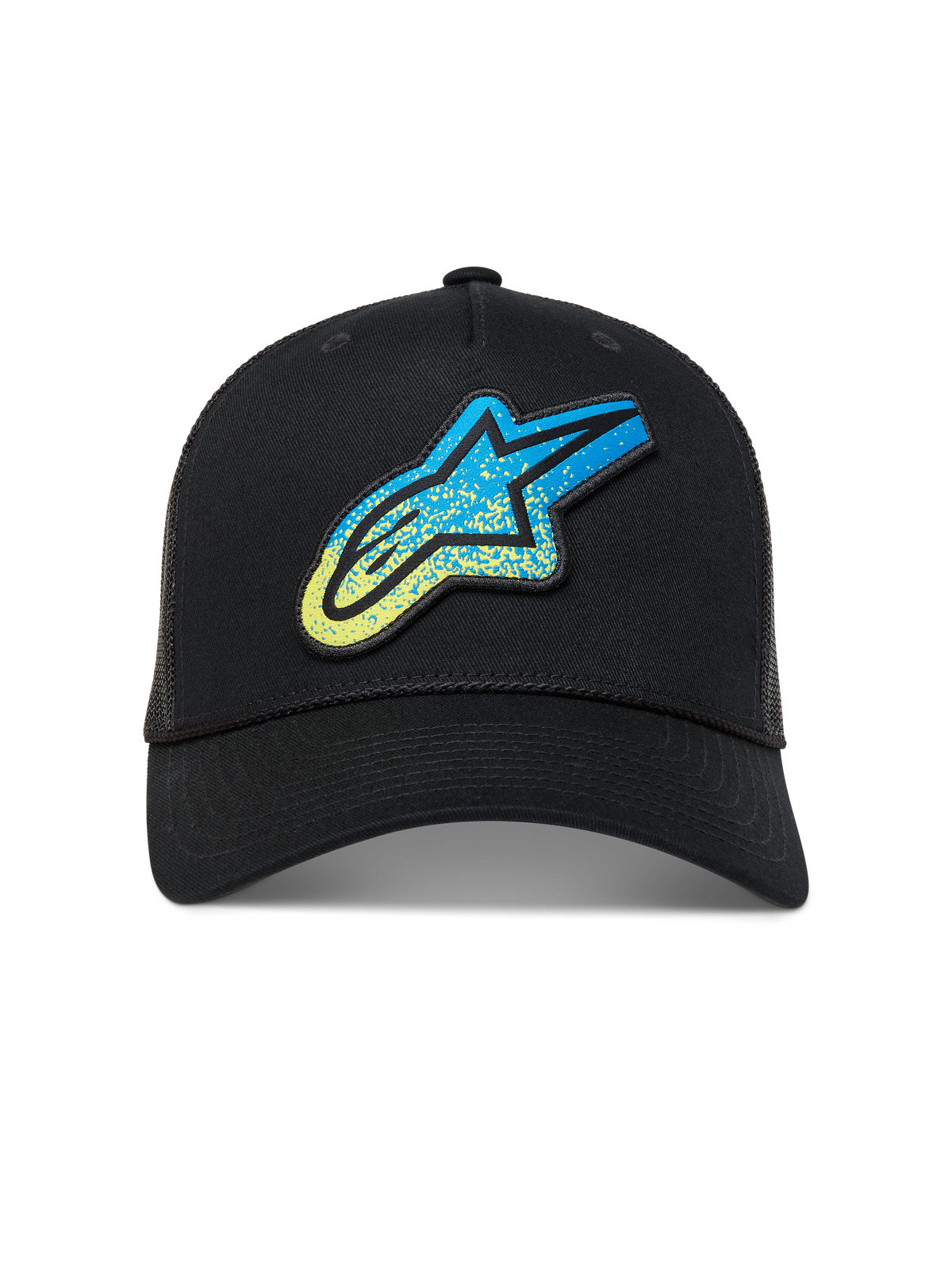 Alpinestars Meteorite Trucker pet, zwarte pet met blauw en geel Astar-logo met grindtextuur en mesh achterzijde.