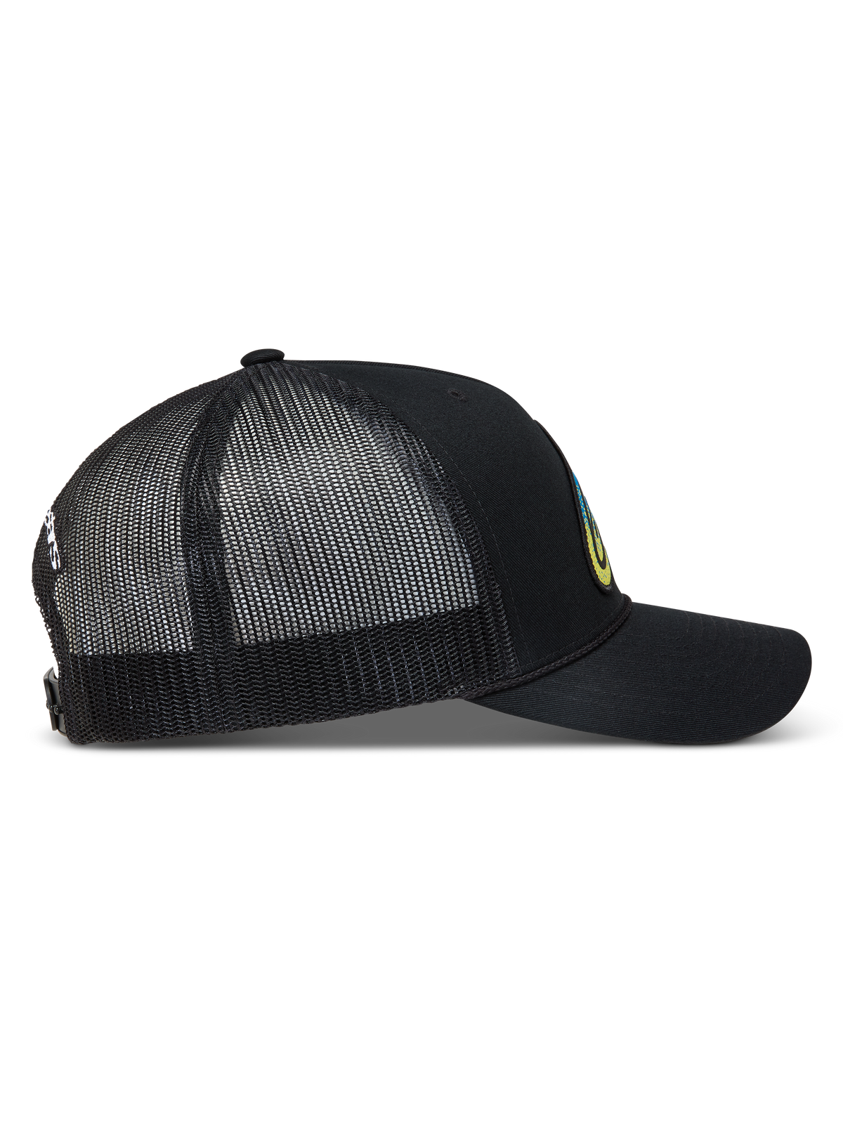 Alpinestars Meteorite Trucker hoed, zwarte sportswear pet met ademend mesh, gebogen klep en snapback-sluiting.
