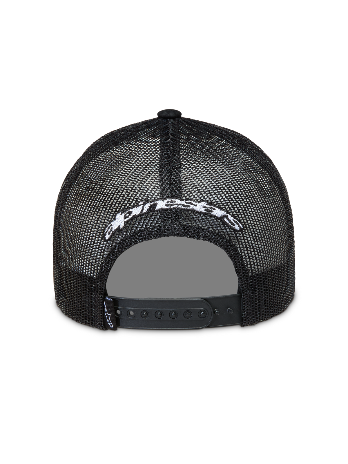 Alpinestars Meteorite Trucker pet, zwarte mesh pet met wit geborduurd logo en verstelbare snapback-sluiting.