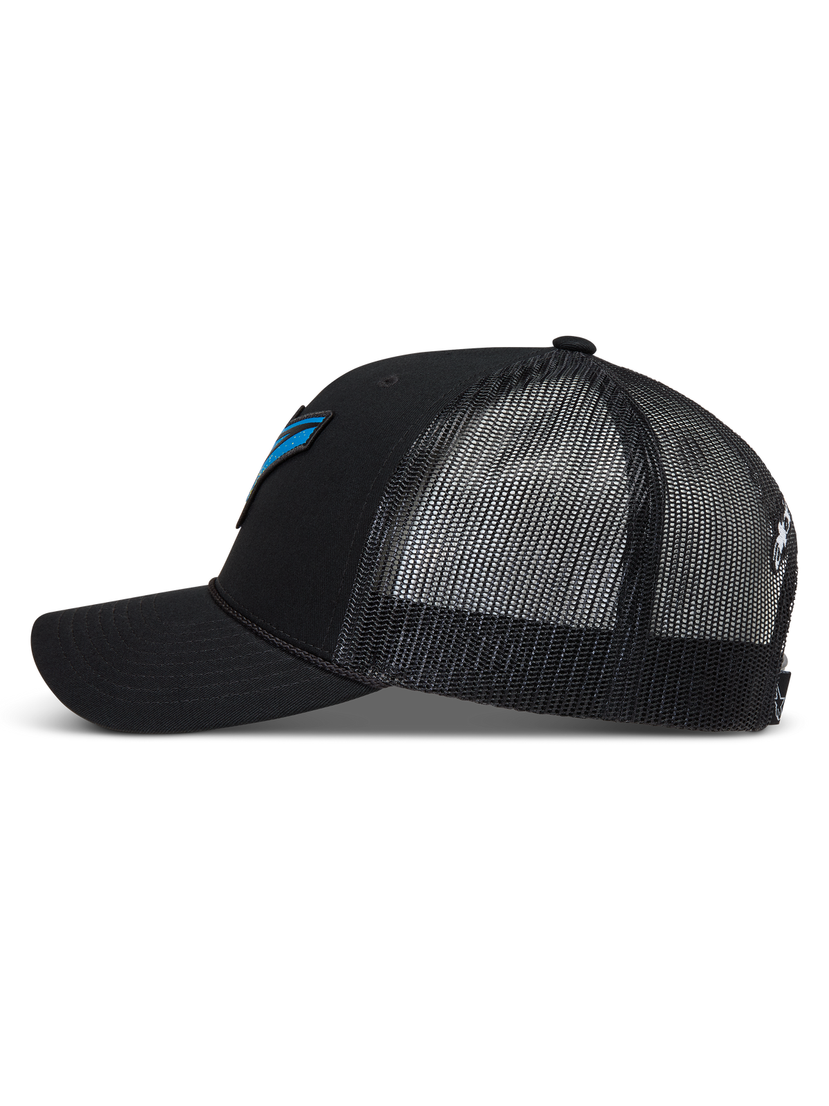 Alpinestars Meteorite Trucker pet, zwarte sportswearpet met ademende mesh achterzijde, gebogen klep en gestructureerde kroon.