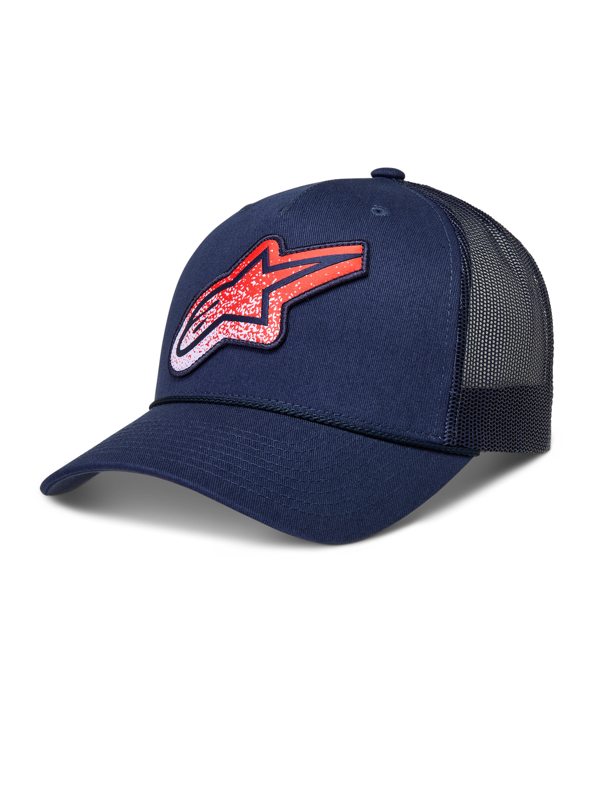 Alpinestars Meteorite Trucker pet, sportswear lifestyle pet, donkerblauw en rood, met een gestructureerde kroon, gebogen klep, ademende mesh achterpanelen en een Astars logo-patch met grindtextuur.