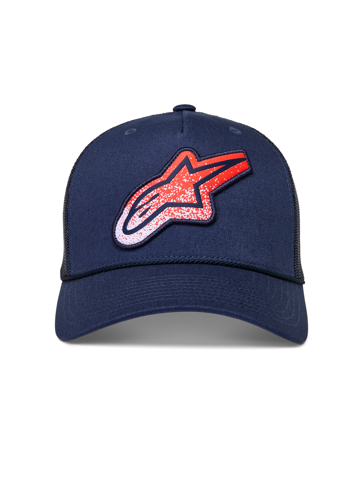 Alpinestars Meteorite Trucker hoed, donkerblauwe meshpet met gebogen klep en rood-wit logo met grindtextuur.