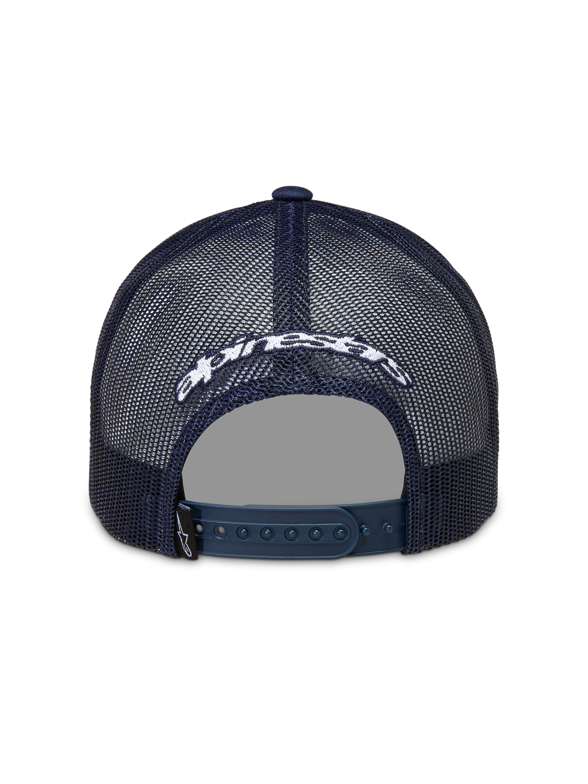 Alpinestars Meteorite Trucker hoed, donkerblauwe trucker pet met mesh achterzijde, wit logo en snapbacksluiting.