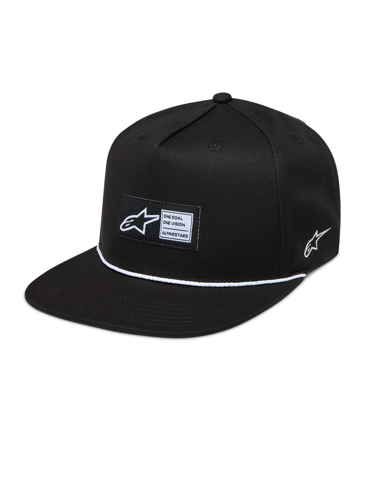Alpinestars Label Snapback hoed, zwarte pet met platte klep, wit koorddetail en geweven patch, sportswear.