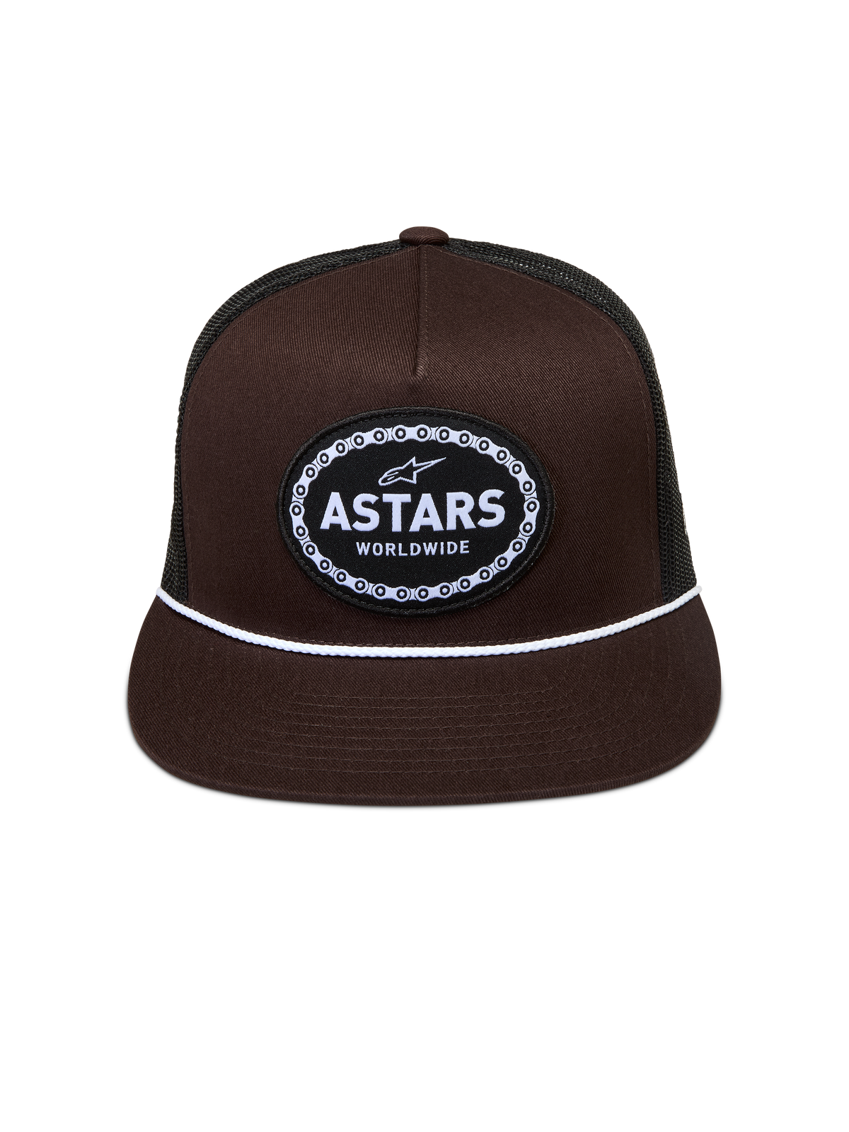 Alpinestars Hotlink Trucker hoed, bruine en zwarte pet met platte klep, wit koord en geweven logo met fietskettingrand.