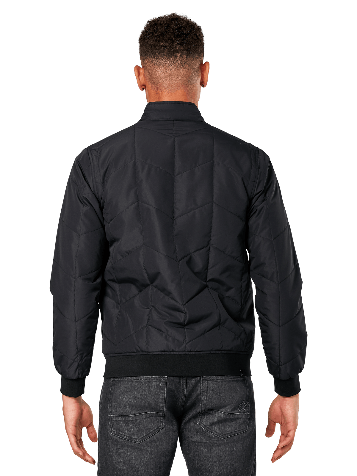 Alpinestars Precedent Jacket, Black, rear view on model, featuring iconic angled quilt pattern, rib cuffs and hem, quilted F1-inspired motorsport styling
