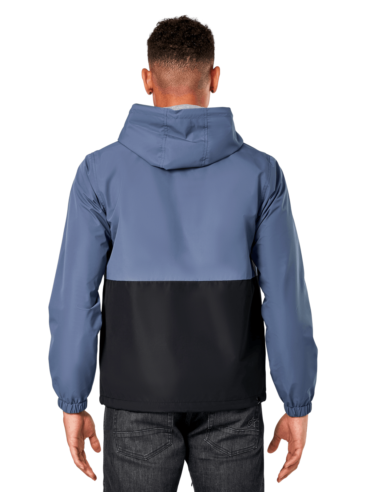 Alpinestars Speeder Windbreaker Jacket, achteraanzicht van een man die een tweekleurige leiblauwe en zwarte jas draagt, kleurblokontwerp, met capuchon, lichtgewicht sportieve vrijetijdskleding met elastische manchetten