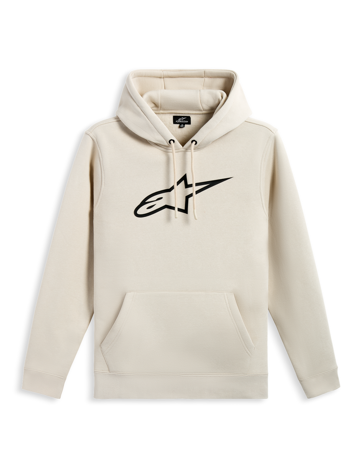 Alpinestars Ageless V3 Hoodie, casual fleece pullover, off-white met zwart geborduurd sterlogo, capuchon met trekkoord, kangoeroezak, geribde manchetten en zoom, motorsport-geïnspireerde streetwear