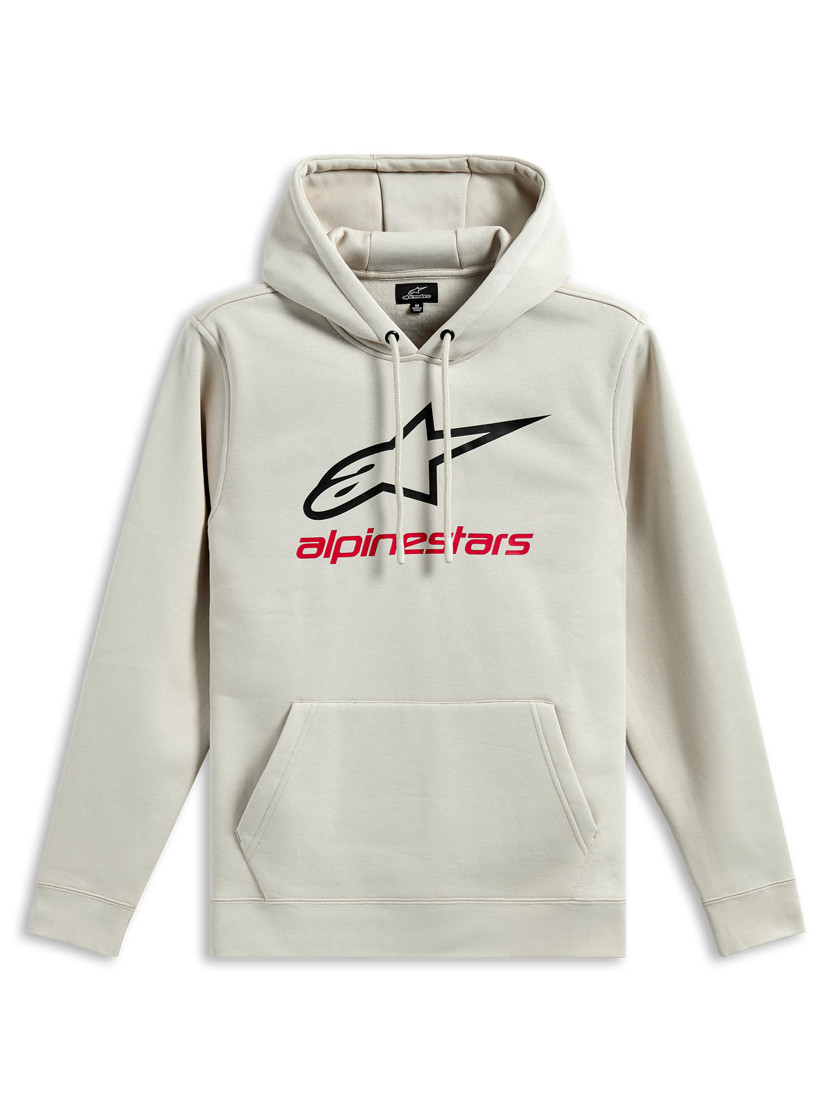Alpinestars Always V3 Hoodie, fleece hoodie met capuchon, Off White, zwart sterlogo en rode Alpinestars-tekst op de borst, kangoeroezak, capuchon met trekkoord, casual op motorsport geïnspireerde sportswear