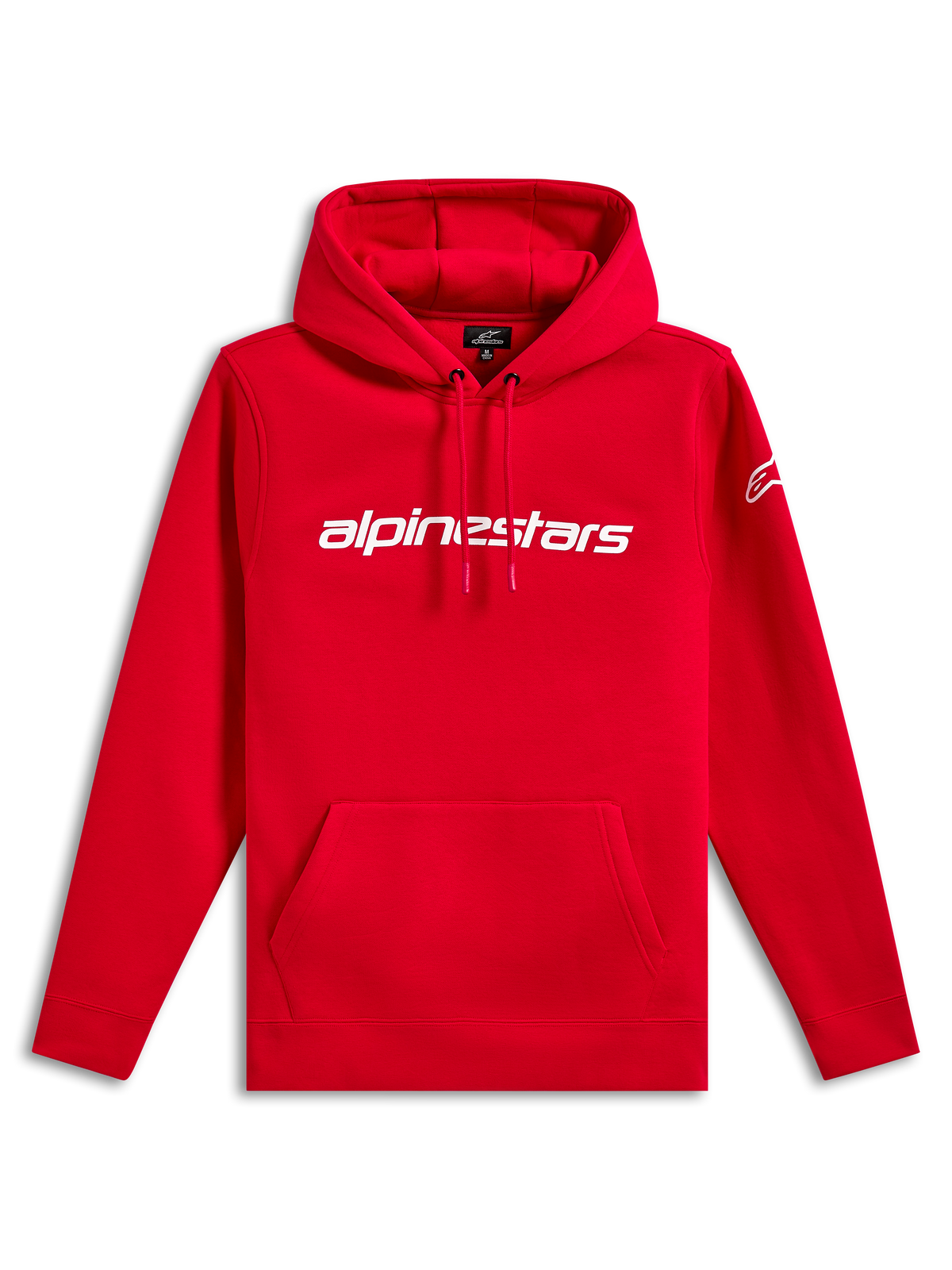 Alpinestars Linear Wordmark V3 Hoodie, casual streetwear, rood met wit Alpinestars-woordmerk op de borst, wit Ageless-logo op de mouw, capuchon met trekkoord, kangoeroezak, geribde manchetten en zoom