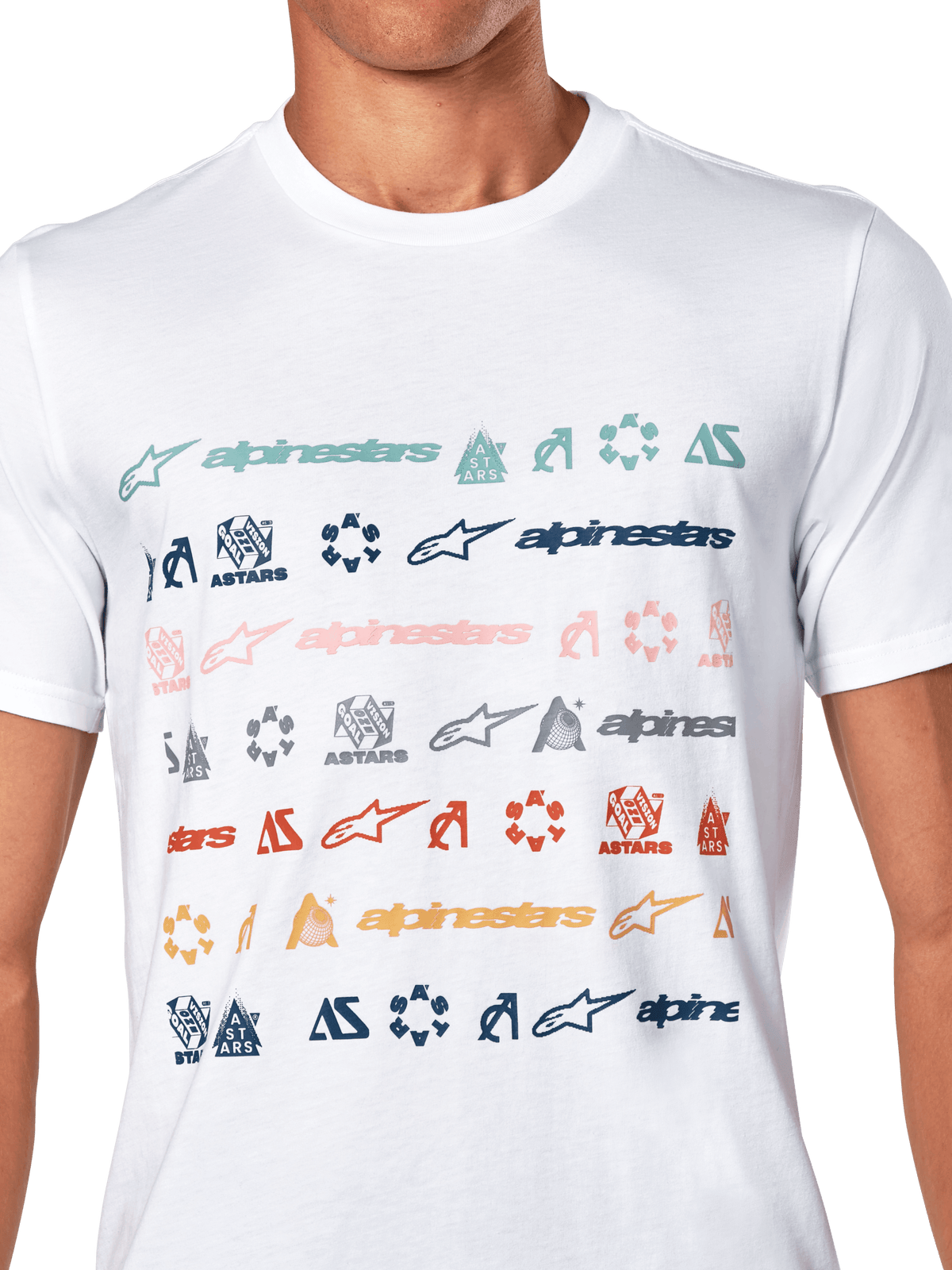 Alpinestars Glyfs CSF Tee, Short Sleeve T-Shirt, White, featuring multiple rows of colorful Alpinestars logos and symbols in a striped graphic print, casual motorsport-inspired streetwear