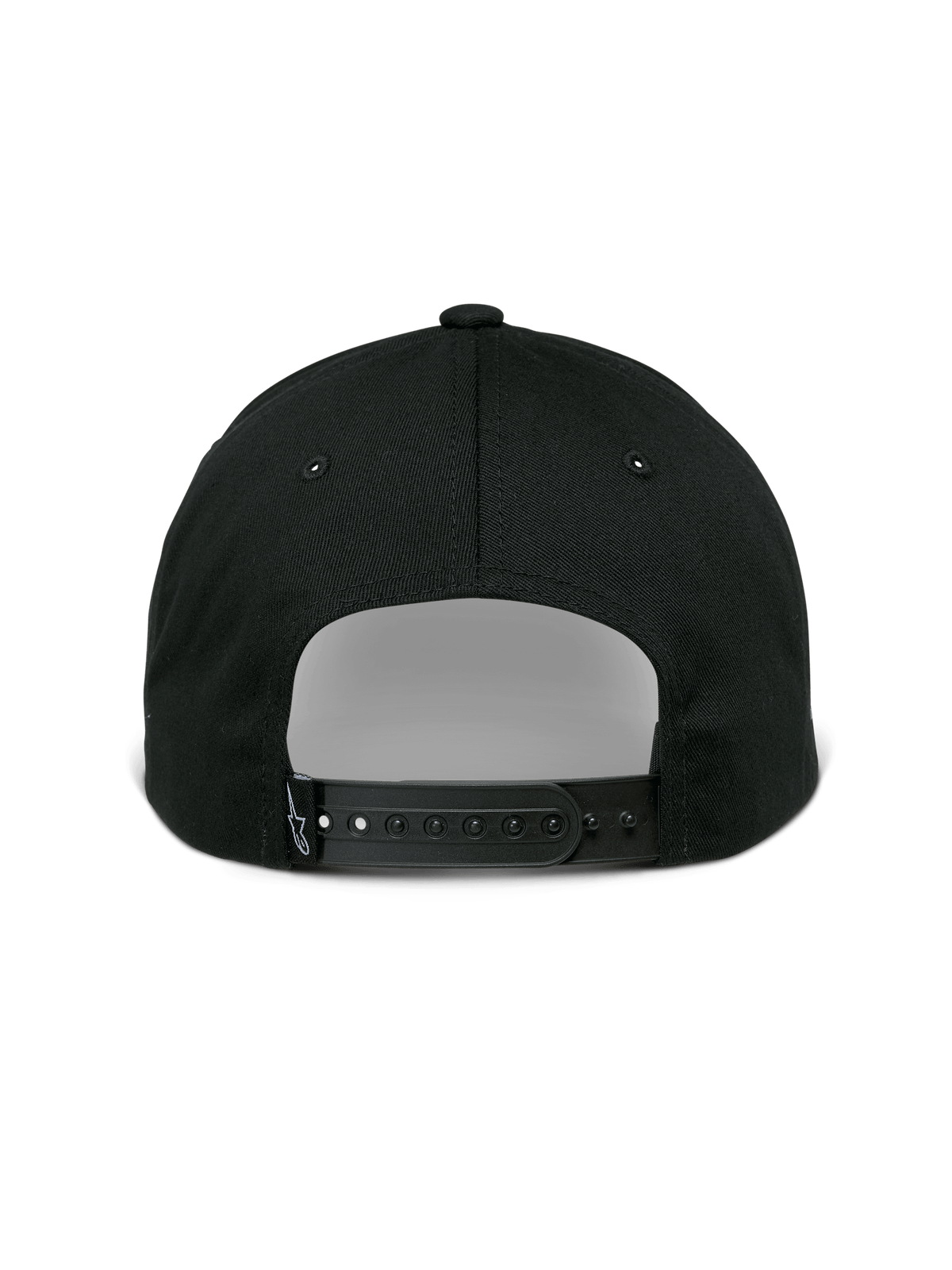Alpinestars Sessionized pet, snapback-pet, zwart, achteraanzicht met verstelbare sluiting en klein logolabel, katoenen keperstof, casual motorsport-geïnspireerde hoofdbedekking