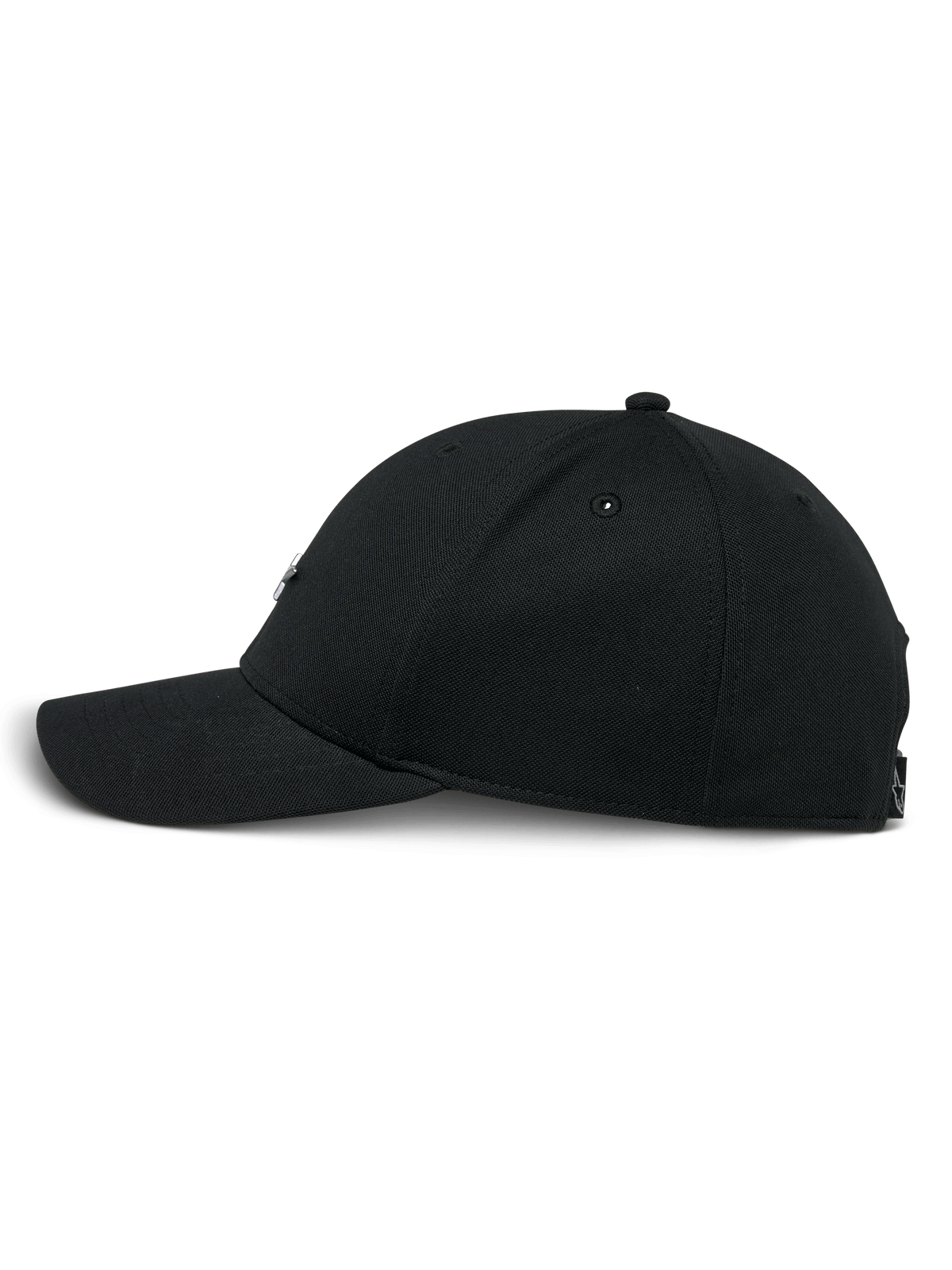 Alpinestars Metal Logo Hat, Black Snapback Cap, side profile view, curved bill with structured crown, mini pique fabric, casual motorsport-inspired streetwear