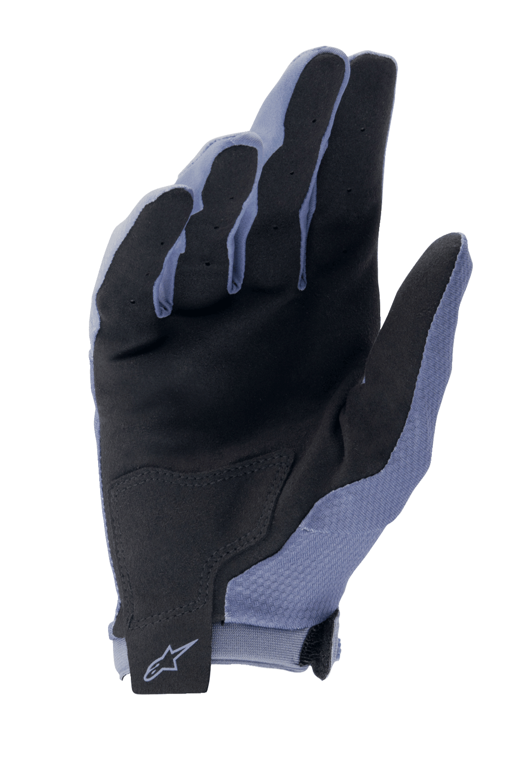 Alpinestars A-Aria Handschoenen, MTB-handschoenen, Infinity Blue en zwart, zicht op de handpalm met synthetisch suède voor grip, versterkte handpalmpatch en klittenband polssluiting met Alpinestars-logo