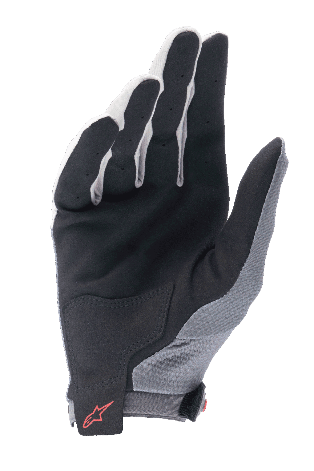 Alpinestars A-Aria Gloves, Dark Gray and Black, palm view of a lightweight cycling glove featuring a black synthetic suede palm, reinforced lower palm patch, ventilated fingers, and a red Alpinestars logo on the hook and loop wrist strap