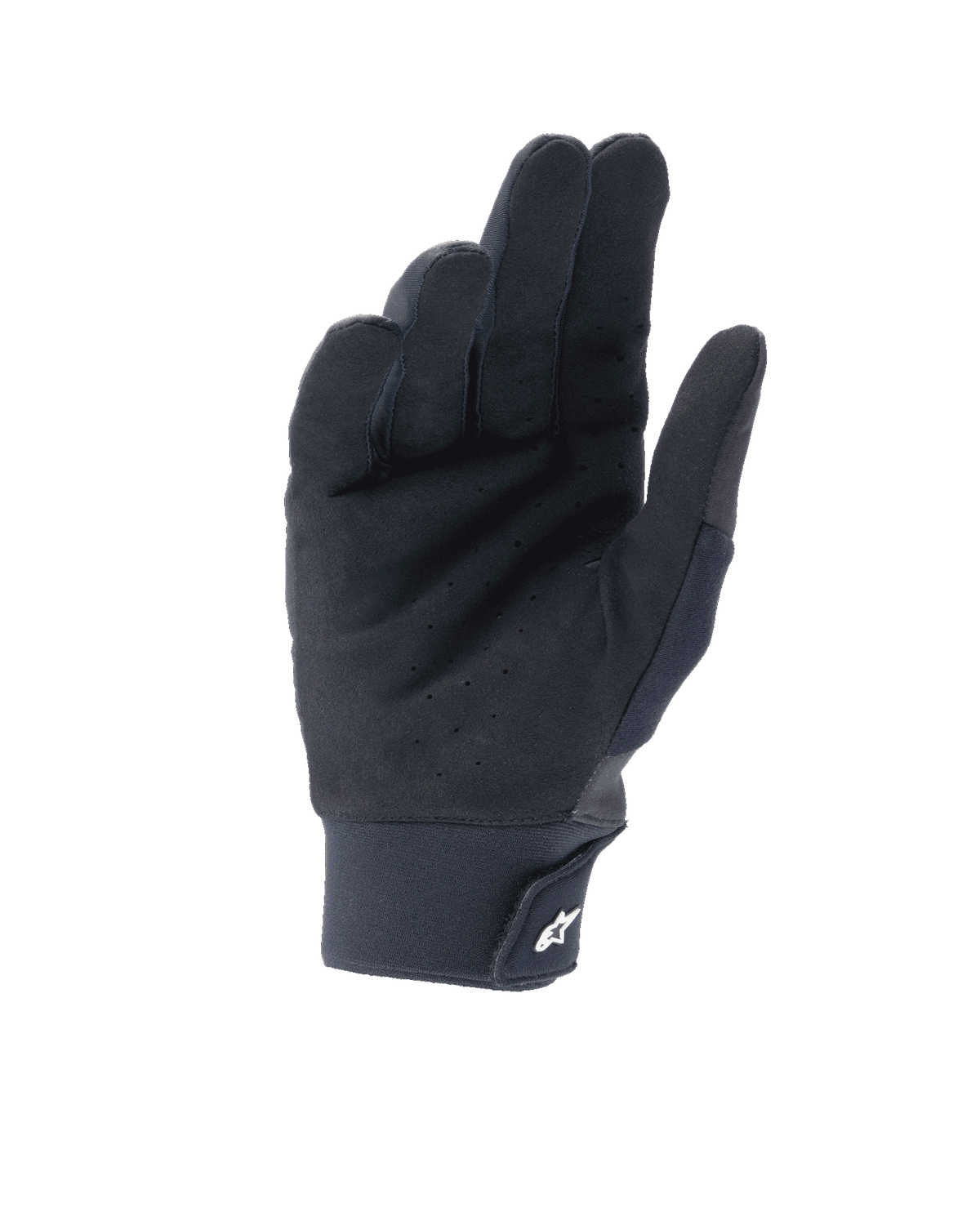 Alpinestars A-Supra Shield handschoenen, zwart, handpalmzijde met geperforeerd synthetisch suède voor ventilatie, neopreen manchet met klittenbandsluiting en wit sterlogo, technische uitrusting voor MTB en gravity ritten