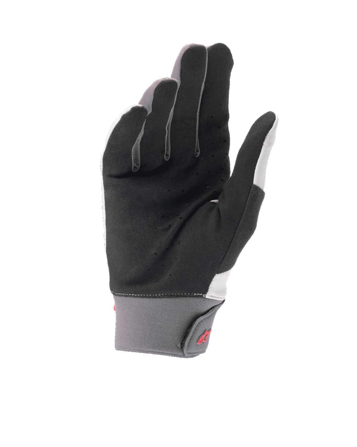 Alpinestars A-Supra Shield handschoenen, lichtgrijze mountainbikehandschoenen, handpalmzicht met geperforeerd zwart synthetisch suède voor ventilatie, grijze neopreen manchet met klittenbandsluiting en rood logo