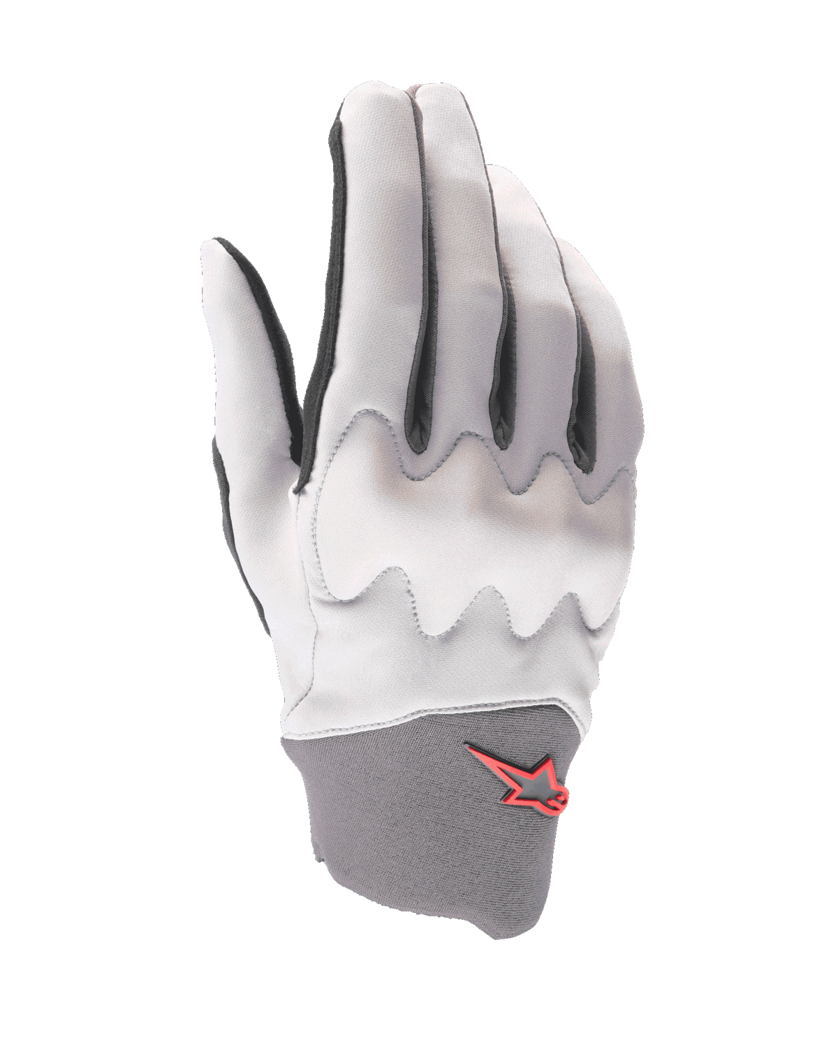 Alpinestars A-Supra Shield handschoenen, mountainbike handschoenen, lichtgrijs, voorzien van een golvend knokkelbeschermingsschild, donkergrijze neopreen manchet met rood sterlogo, ergonomisch ontwerp voor gravity mountainbiken