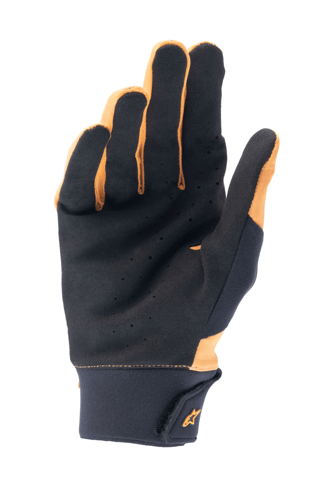 Alpinestars A-Supra handschoenen, Dark Gold en zwart, handpalmweergave met geperforeerd synthetisch suède voor ventilatie en grip, brede neopreen manchet met klittenbandsluiting en goudkleurig logo, fietshandschoenen voor mountainbiken