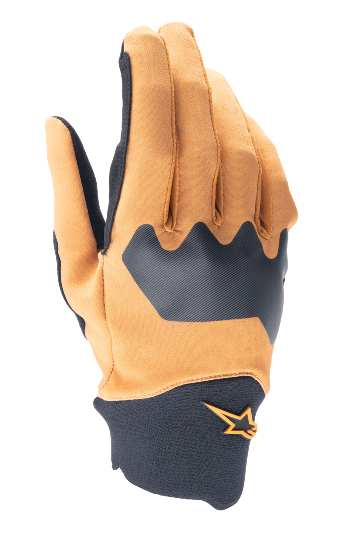 Alpinestars A-Supra handschoenen, mountainbikehandschoenen, donkergoud en zwart, flexibele spandex bovenkant met neopreen manchet, voorzien van een oranje ster-logo, duurzame off-road wieleruitrusting