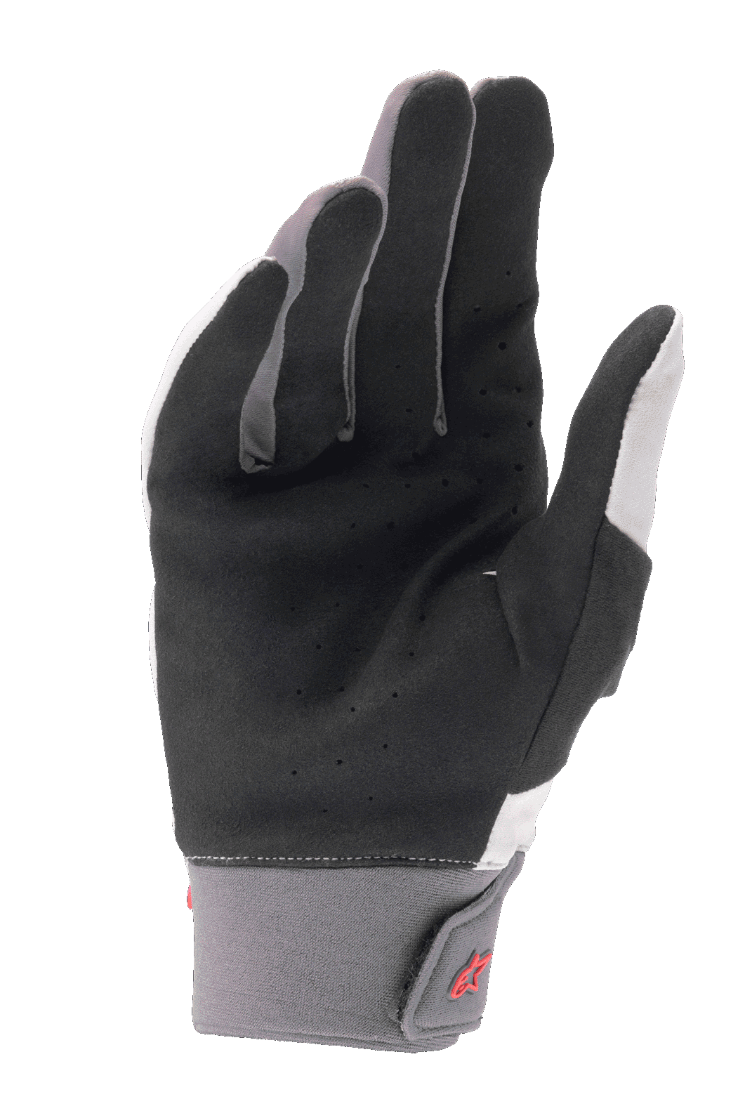 Alpinestars A-Supra handschoenen, mountainbikehandschoenen, lichtgrijs en zwart, met een geperforeerde synthetisch suède handpalm, neopreen manchet met klittenbandsluiting, rood logodetail, ontworpen voor prestatiegericht fietsen