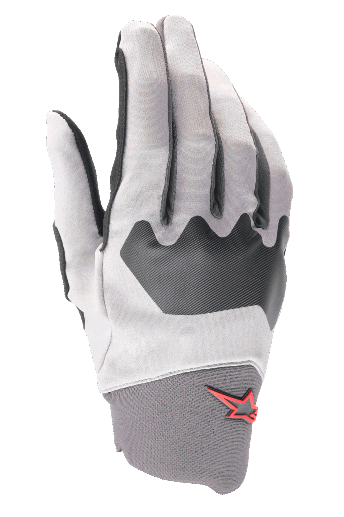 Alpinestars A-Supra handschoenen, mountainbike handschoenen, lichtgrijs en zwart, voorzien van een gestructureerd knokkelpaneel en een klein rood sterlogo op de neopreen manchet, flexibele spandex constructie voor het fietsen
