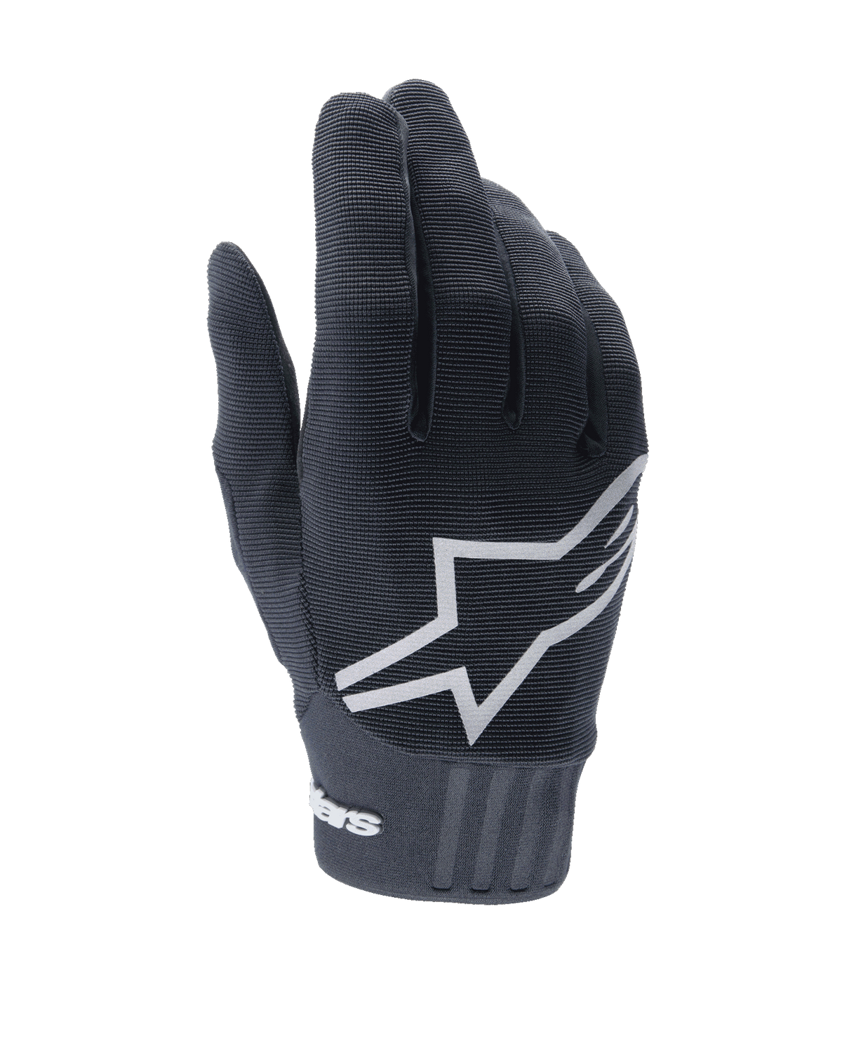 Alpinestars A-Dura handschoenen, zwarte mountainbike handschoenen, met een groot wit ster-logo op de rug, gestructureerde stretchstof en een brede neopreen manchet met branding, ontworpen voor off-road fietsprestaties