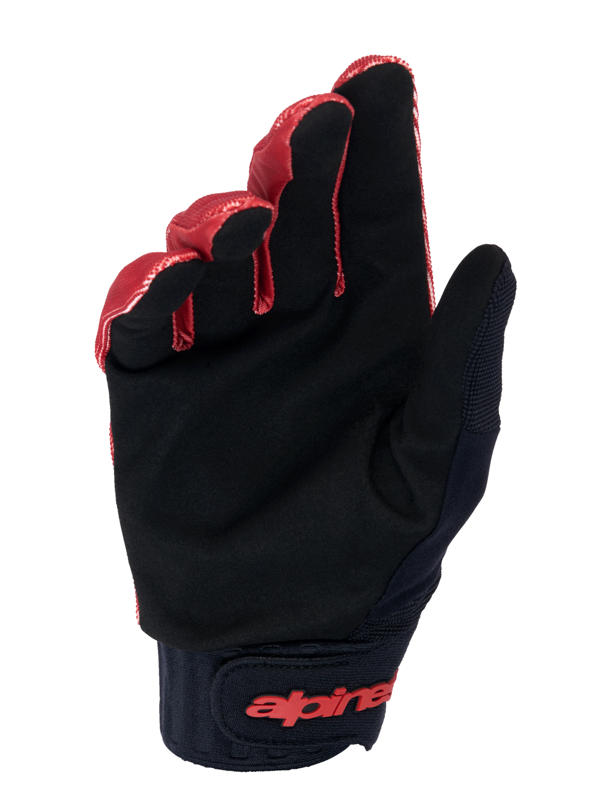 Alpinestars A-Dura handschoenen, mountainbike handschoenen, donkeroranje en zwart, handpalmweergave met zwart synthetisch suède voor grip, brede neopreen manchet met rode merkdetails op de klittenbandsluiting, ontworpen voor MTB-duurzaamheid en gevoel