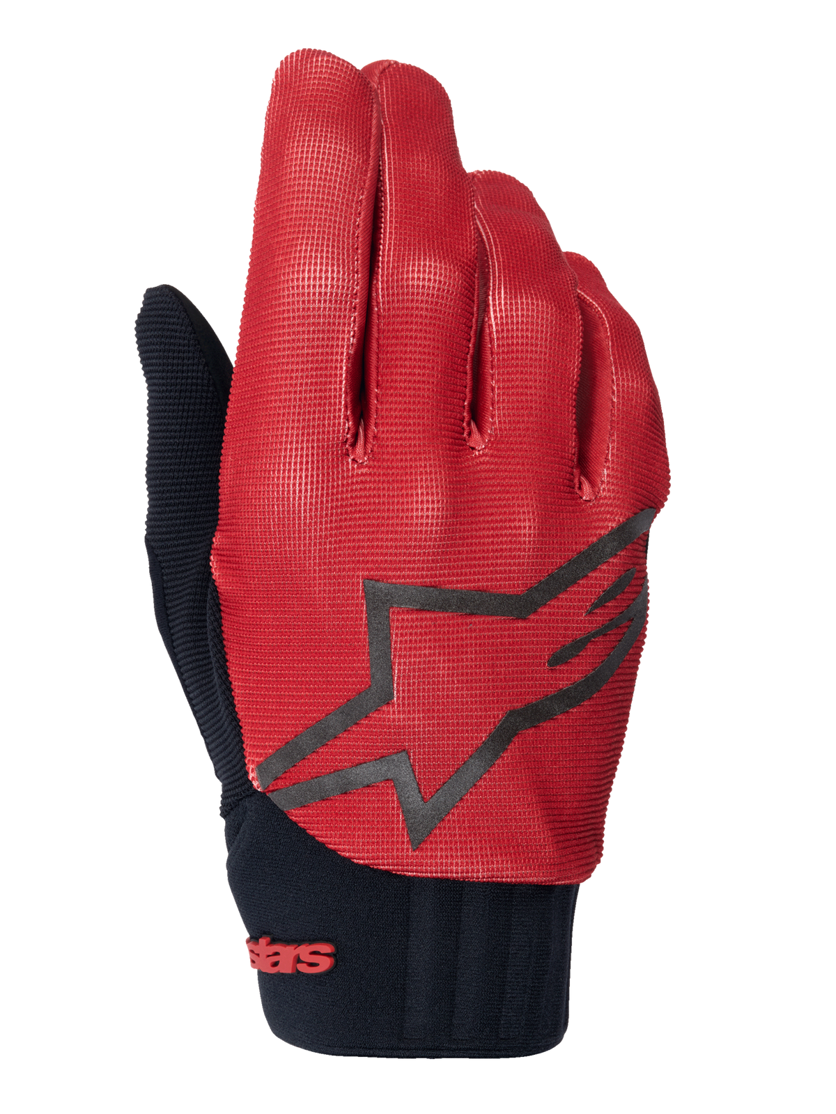 Alpinestars A-Dura handschoenen, MTB-fietshandschoenen, donkeroranje en zwart, bovenzijde met getextureerd grid-patroon, groot zwart sterlogo, zwarte neopreen manchet met rode merkdetails, ontworpen voor grip en prestaties op de mountainbike