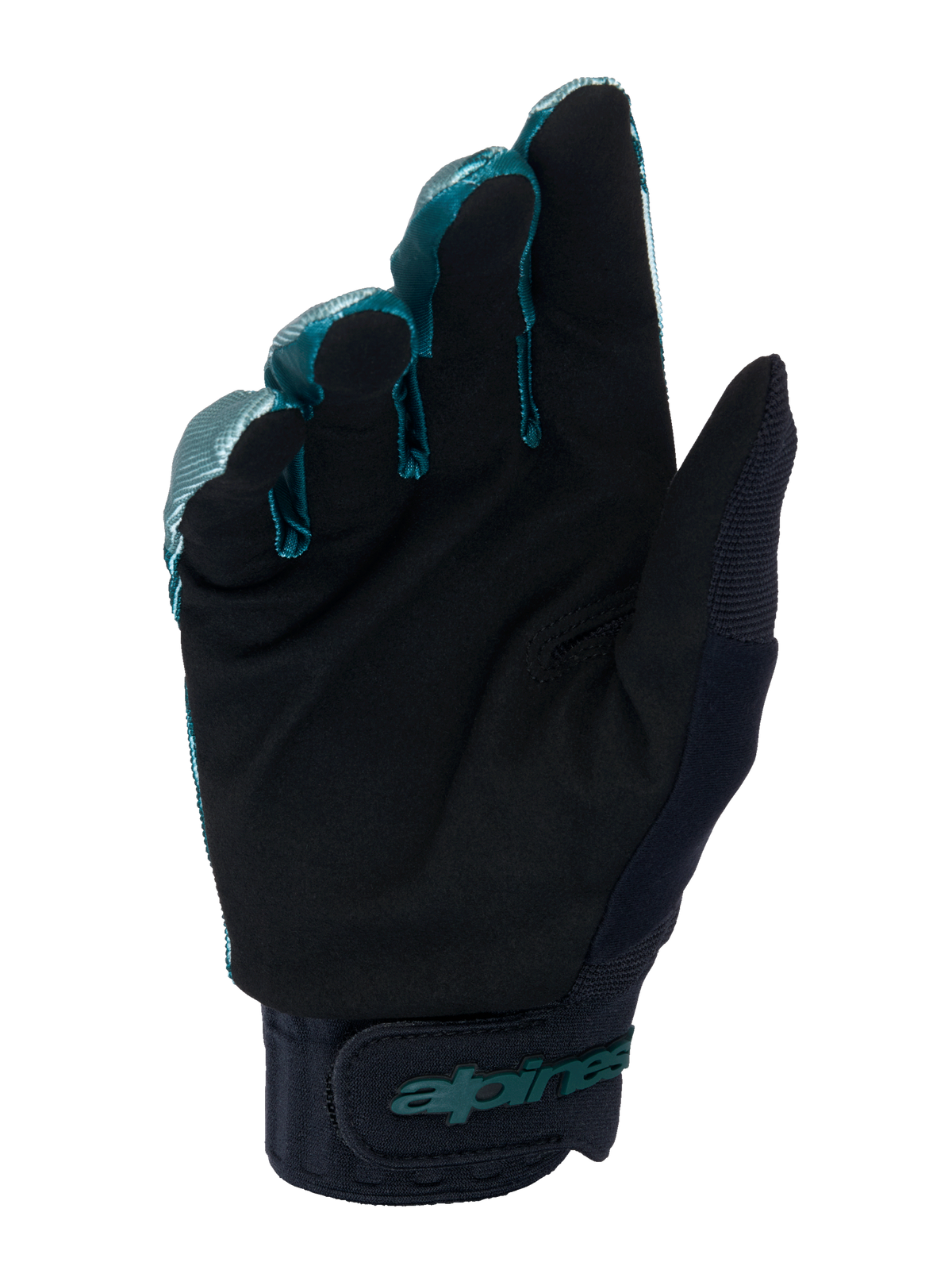 Alpinestars A-Dura handschoenen, MTB-fietshandschoenen, Green Camo en zwart, handpalmweergave met zwart synthetisch suède materiaal, neopreen manchet met verstelbare klittenbandsluiting, teal Alpinestars-logo, professionele off-road uitrusting